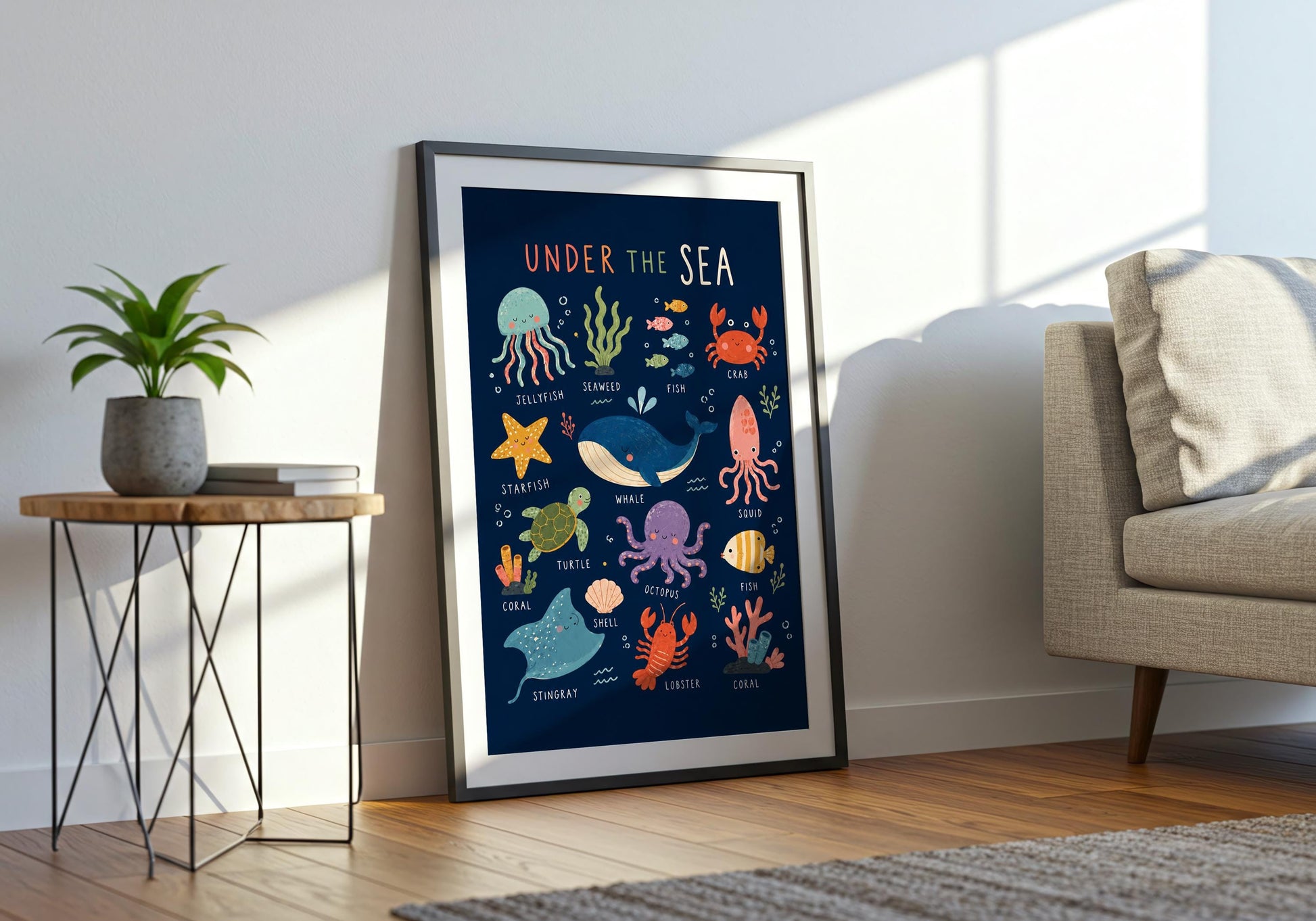 Playful coastal kids wall print with colourful sea creatures, coral and seaweed arranged on a dark blue background.