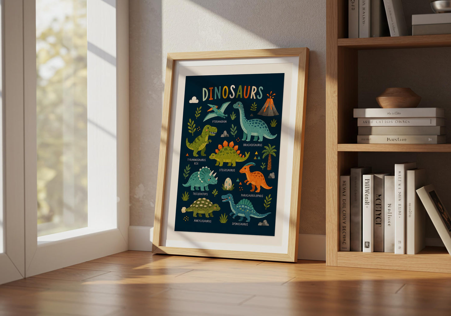Children's dinosaur wall art in green, teal, orange and mustard colours with plants and a volcano.