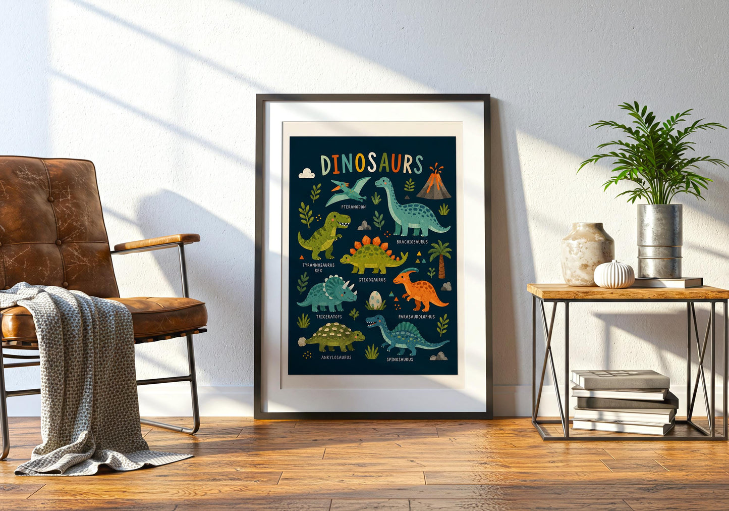 Framed kids dinosaur print displayed in a neutral bedroom with a natural wooden frame.
