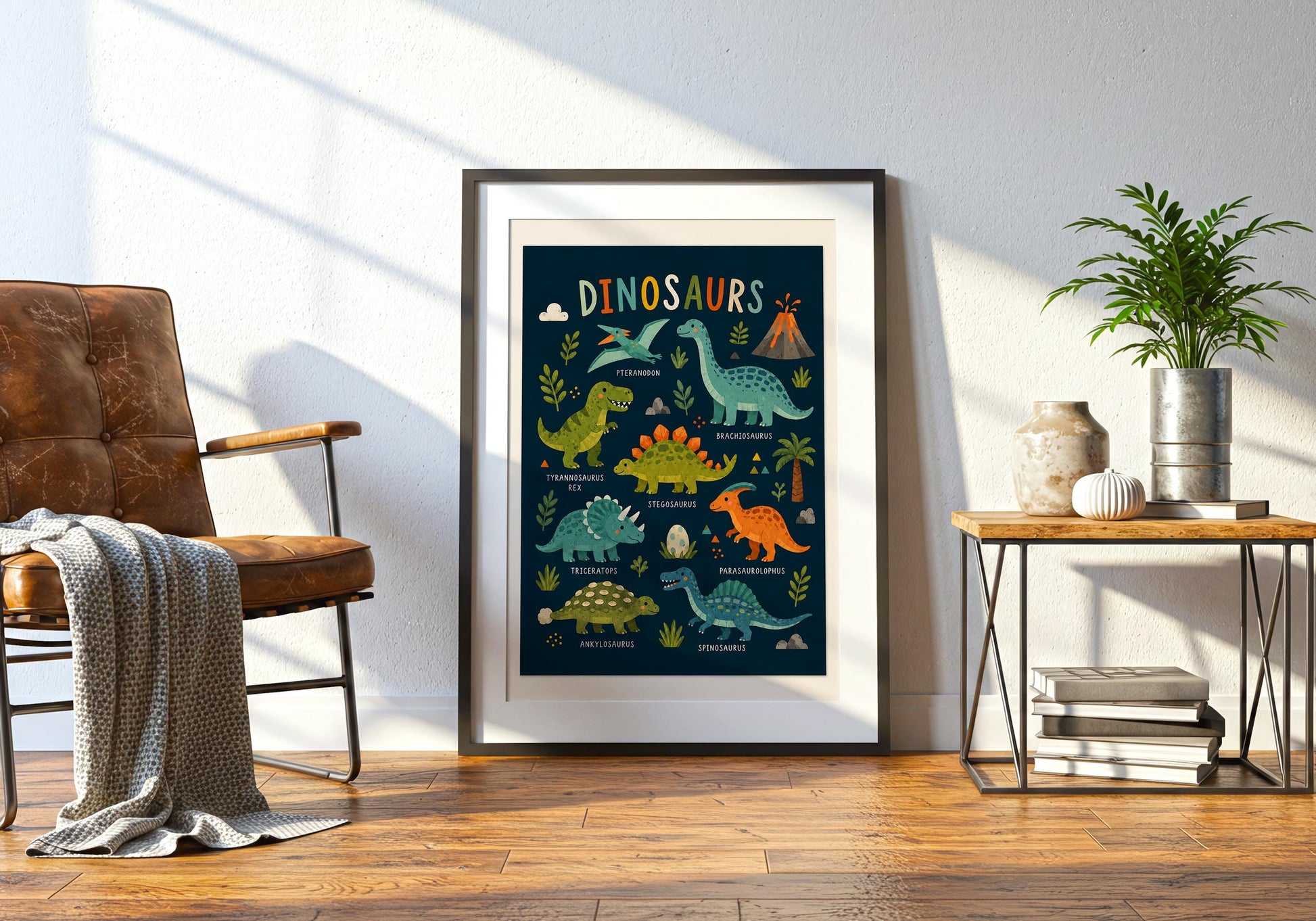Framed kids dinosaur print displayed in a neutral bedroom with a natural wooden frame.