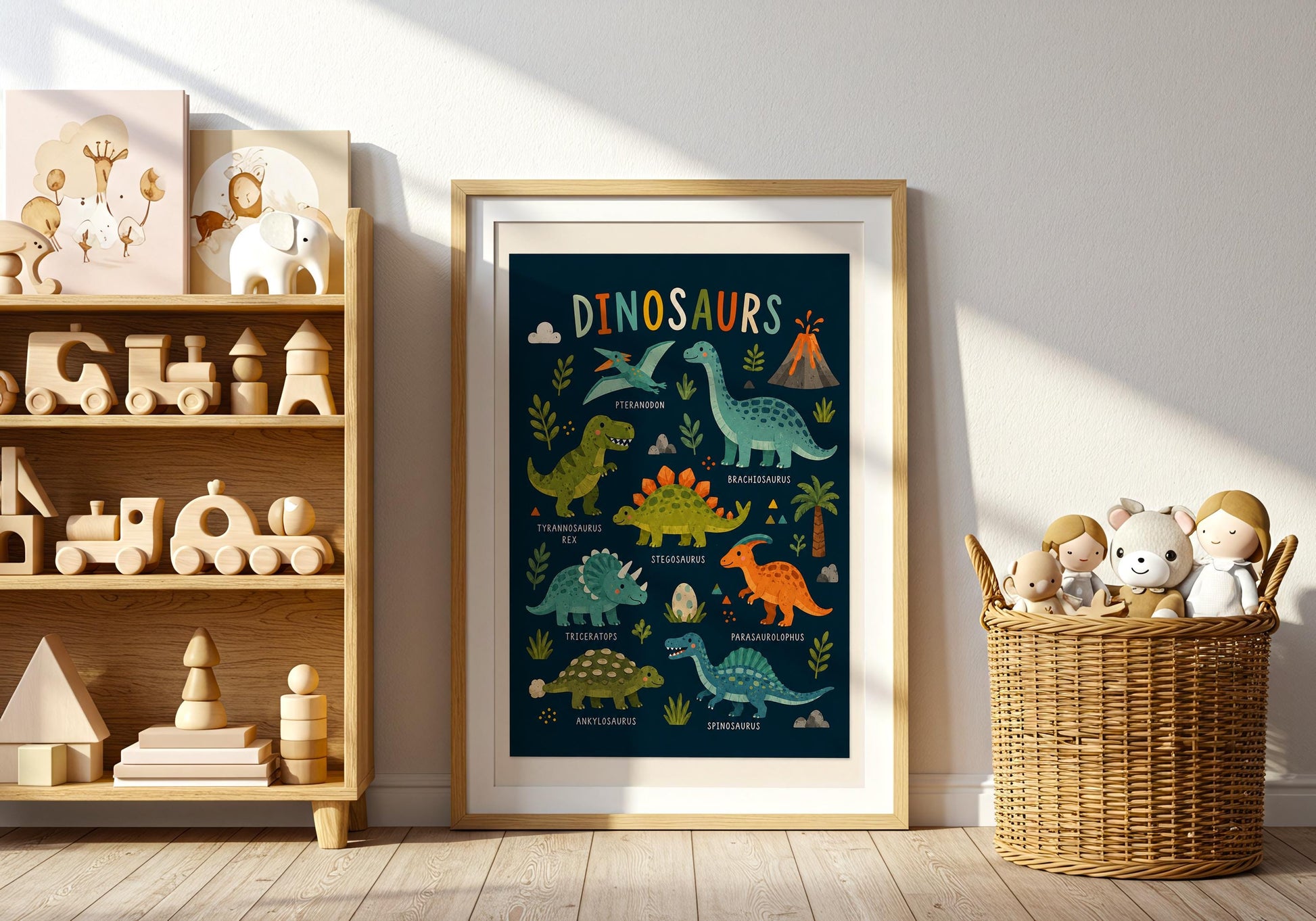 Dinosaur bedroom decor featuring colourful dinosaurs, tropical foliage, rocks and prehistoric scenery.
