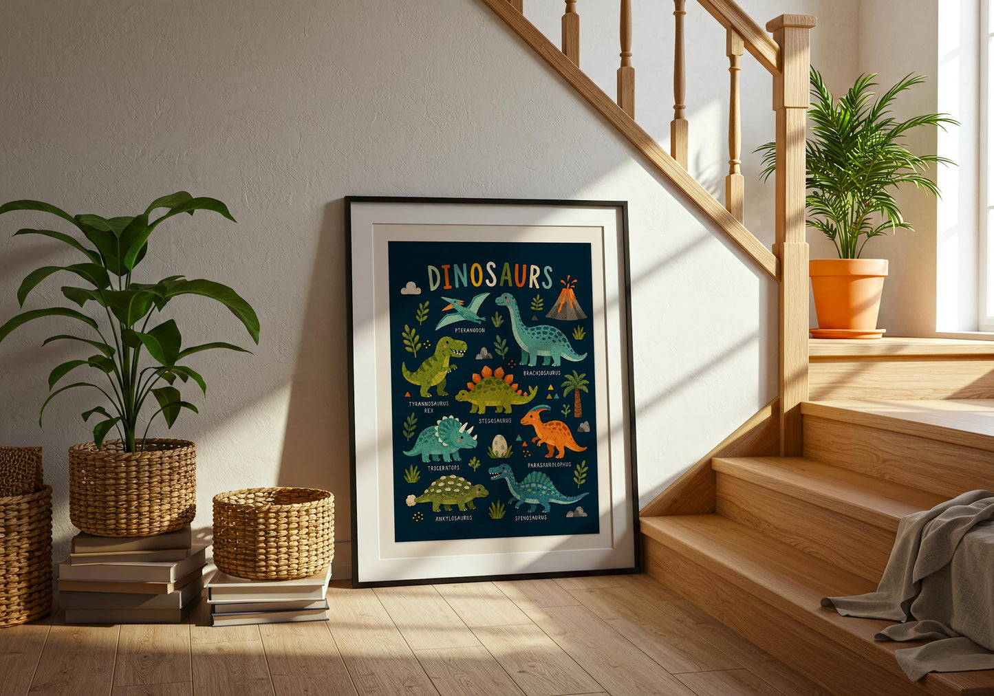 Playful prehistoric wall art for a dinosaur-themed nursery, kids' bedroom or playroom.