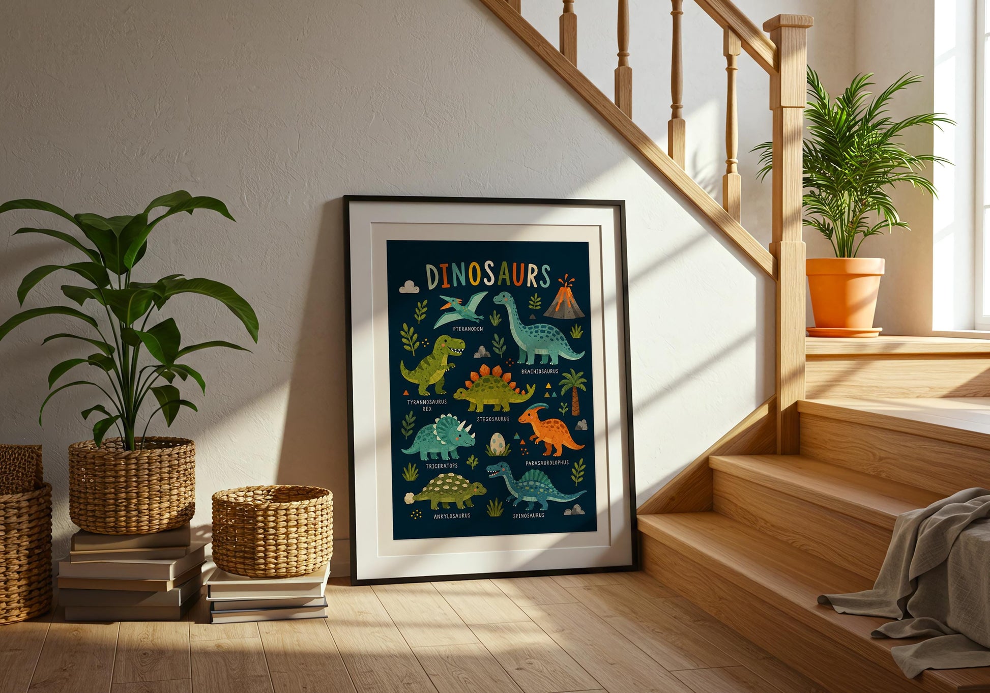 Playful prehistoric wall art for a dinosaur-themed nursery, kids' bedroom or playroom.
