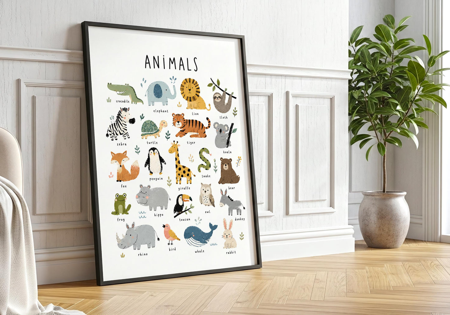 Framed animal poster displayed in a bright neutral room with a simple natural wooden frame.