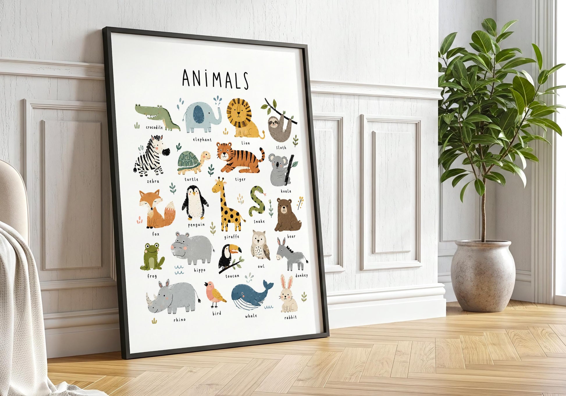 Framed animal poster displayed in a bright neutral room with a simple natural wooden frame.