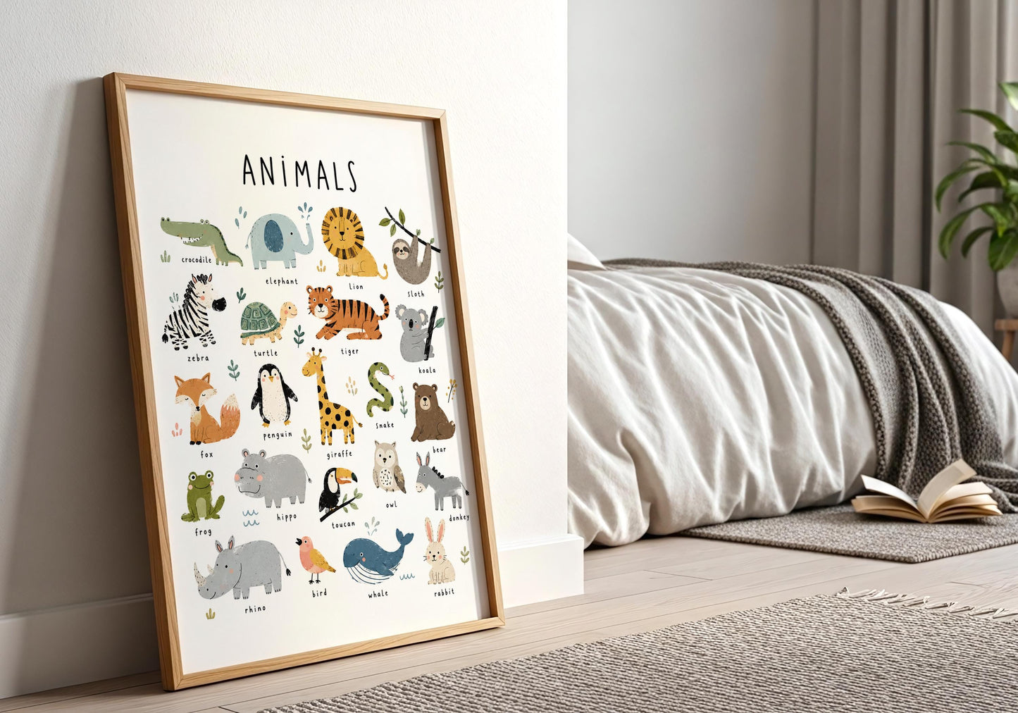 Kids animal print featuring a lion, elephant, tiger, giraffe, zebra, koala, bear and other illustrated creatures.