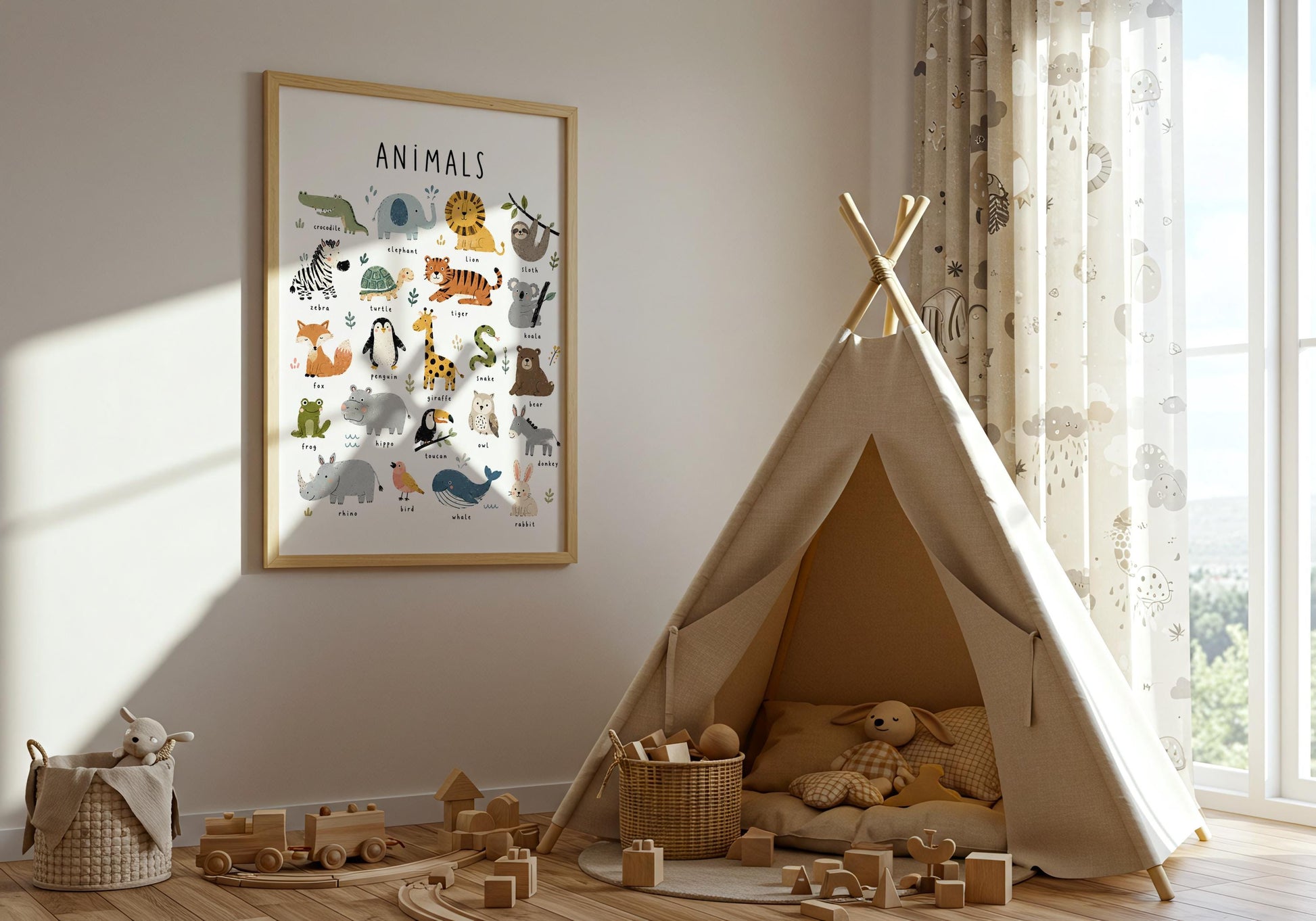 Whimsical animal nursery poster with cute illustrated wildlife and labelled animal names, ideal for a toddler bedroom or learning space.