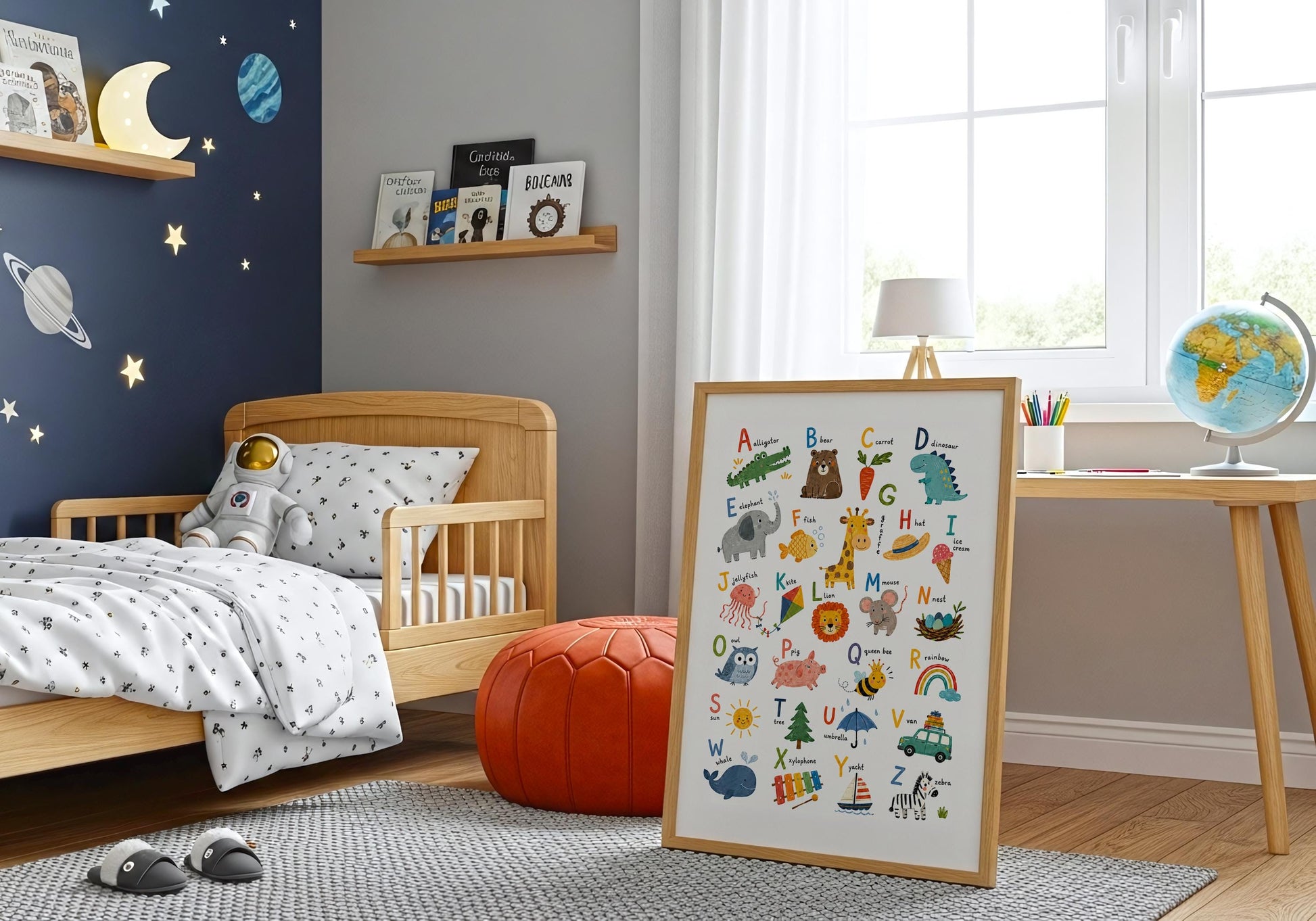 Kids ABC wall art featuring illustrated animals, food, nature, toys and everyday objects on a white background.