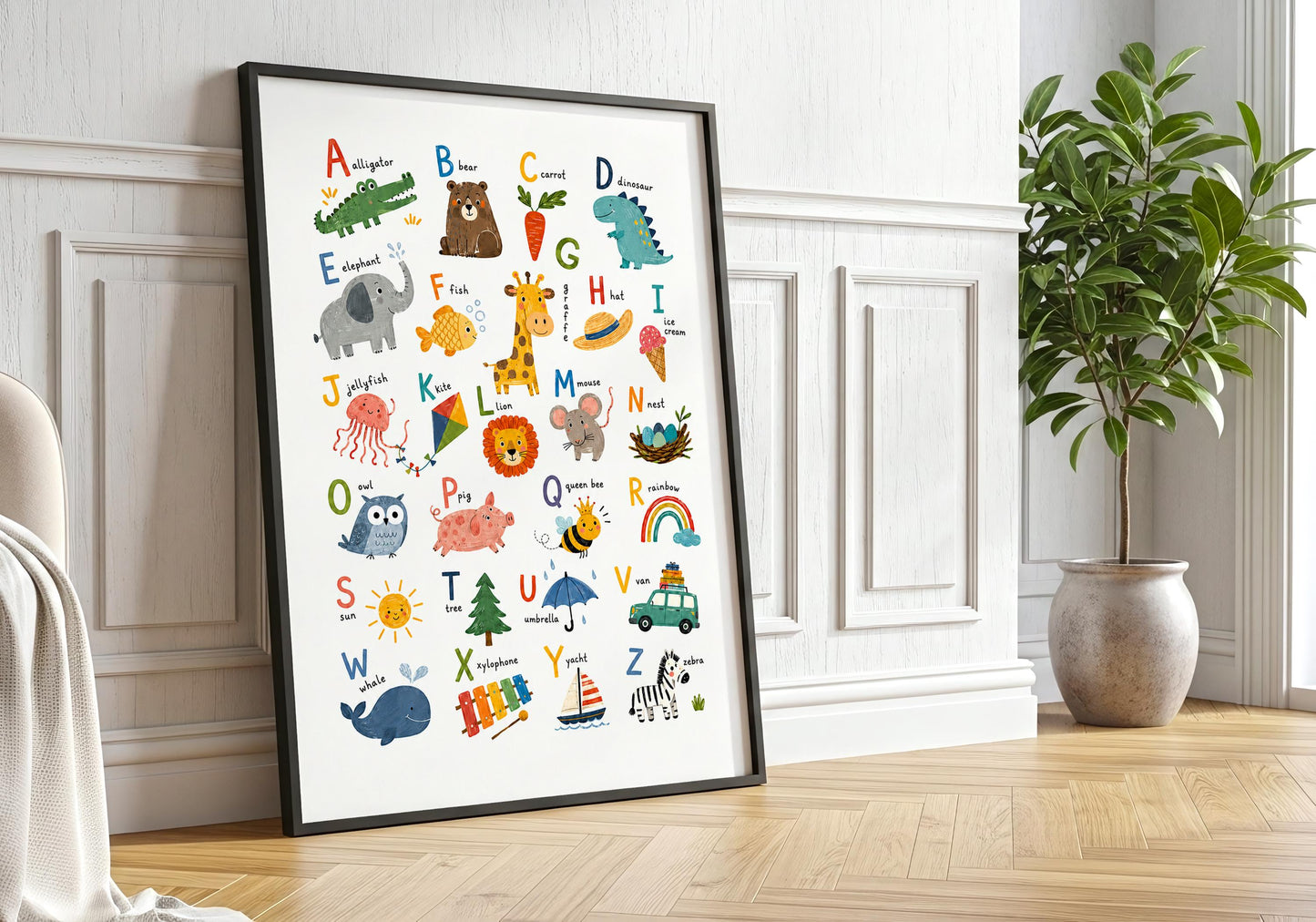 Framed ABC learning poster displayed in a bright neutral room with a natural wooden frame.