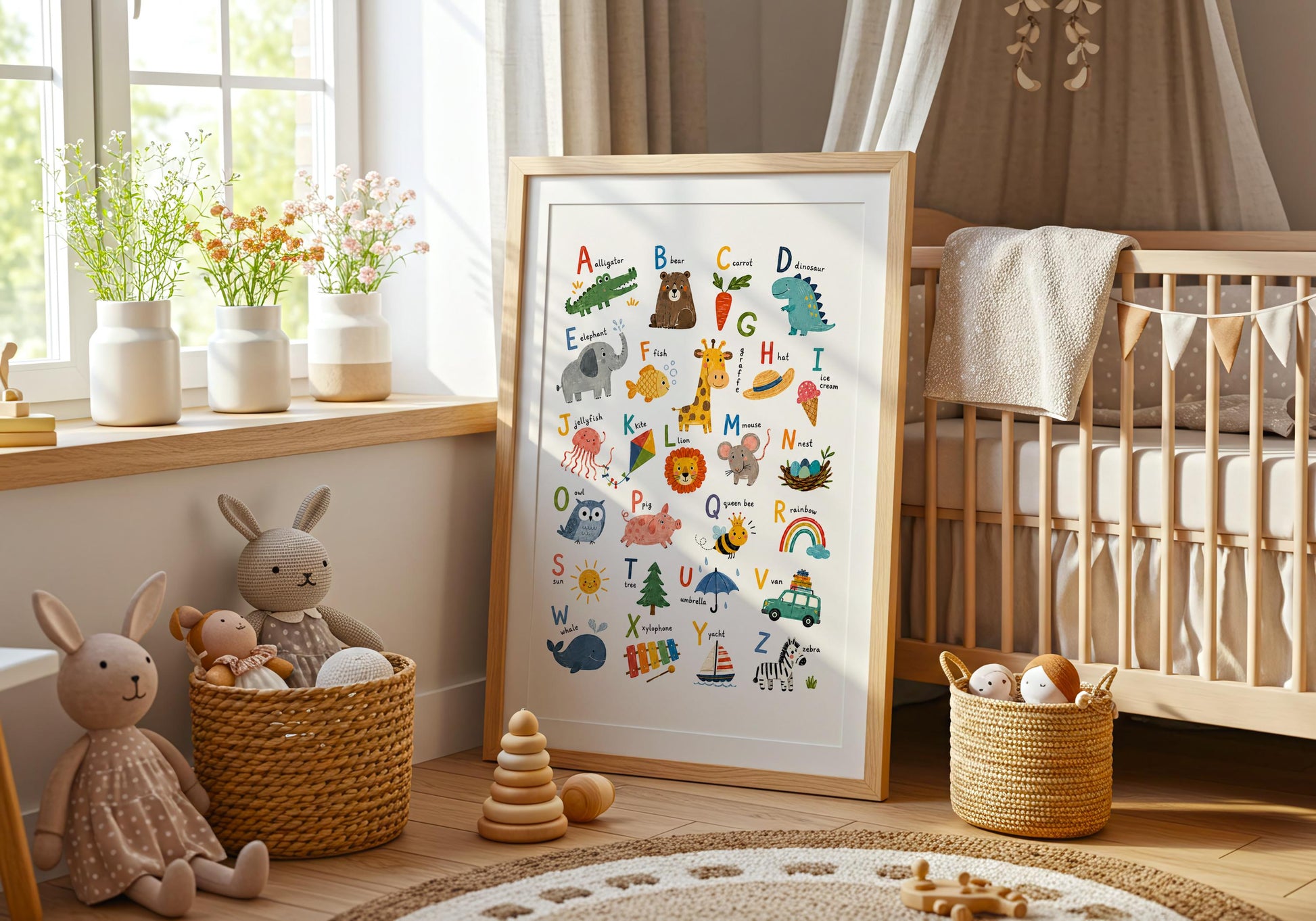 Toddler alphabet wall art with cheerful storybook illustrations designed for a nursery, bedroom or playroom.