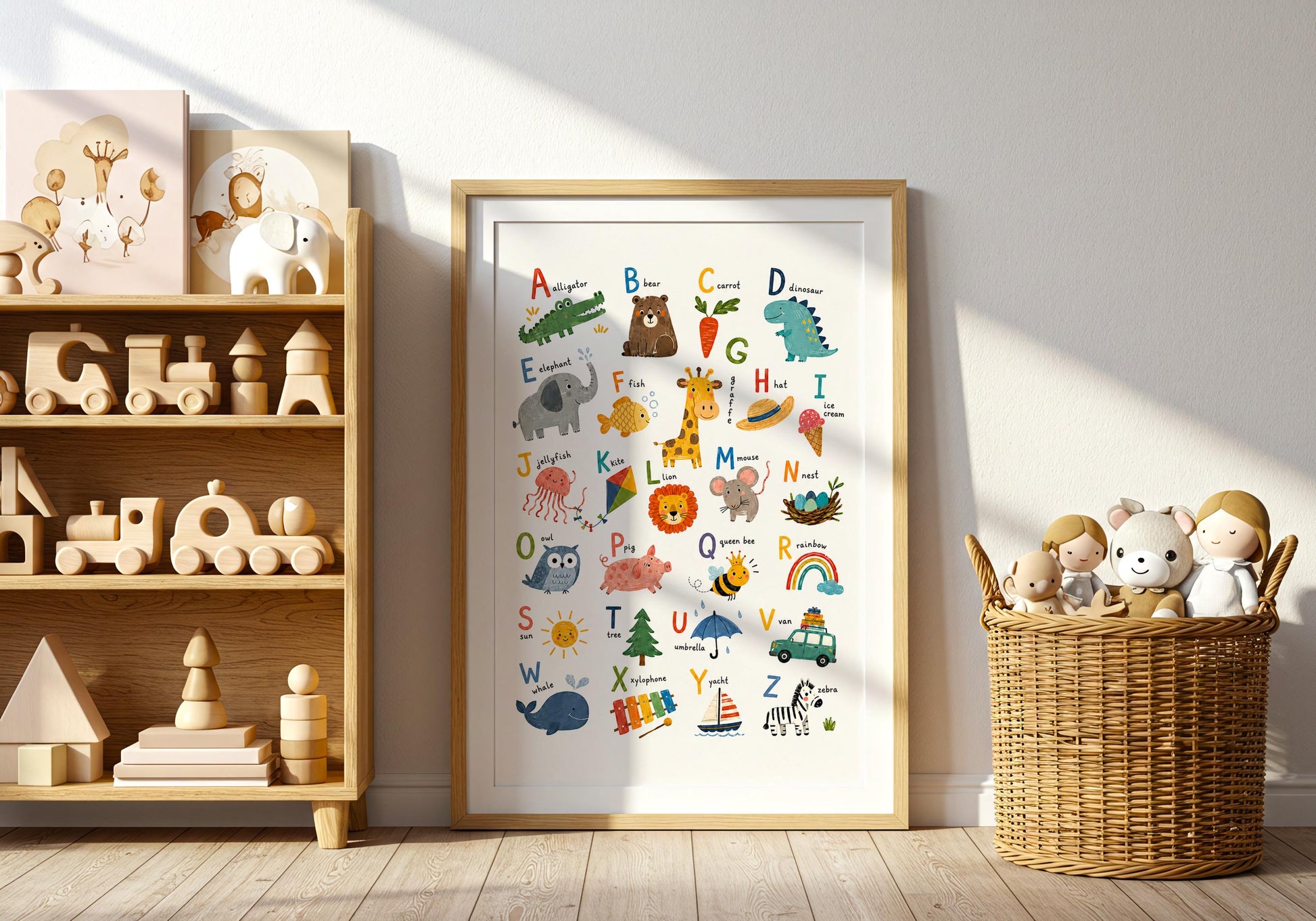 Colourful preschool learning poster with hand-drawn A to Z letters in blue, green, orange, yellow and red.