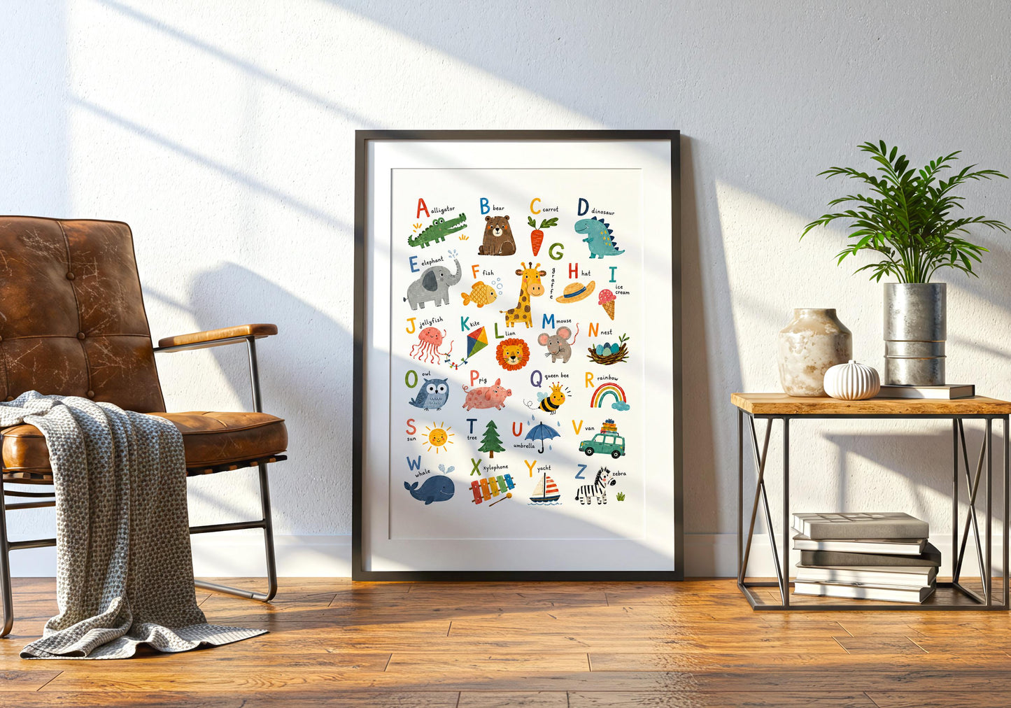 Playful ABC nursery poster with softly textured illustrations and a clean white background for an early-learning space.