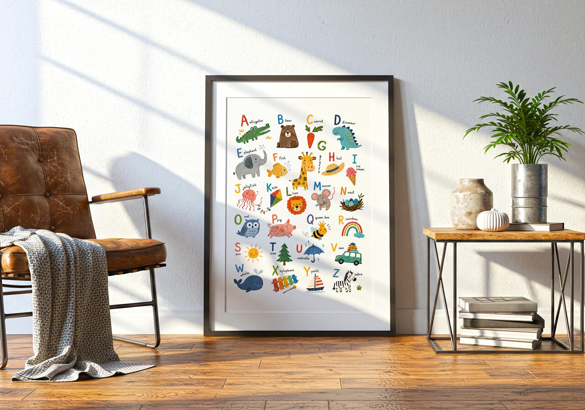 Playful ABC nursery poster with softly textured illustrations and a clean white background for an early-learning space.