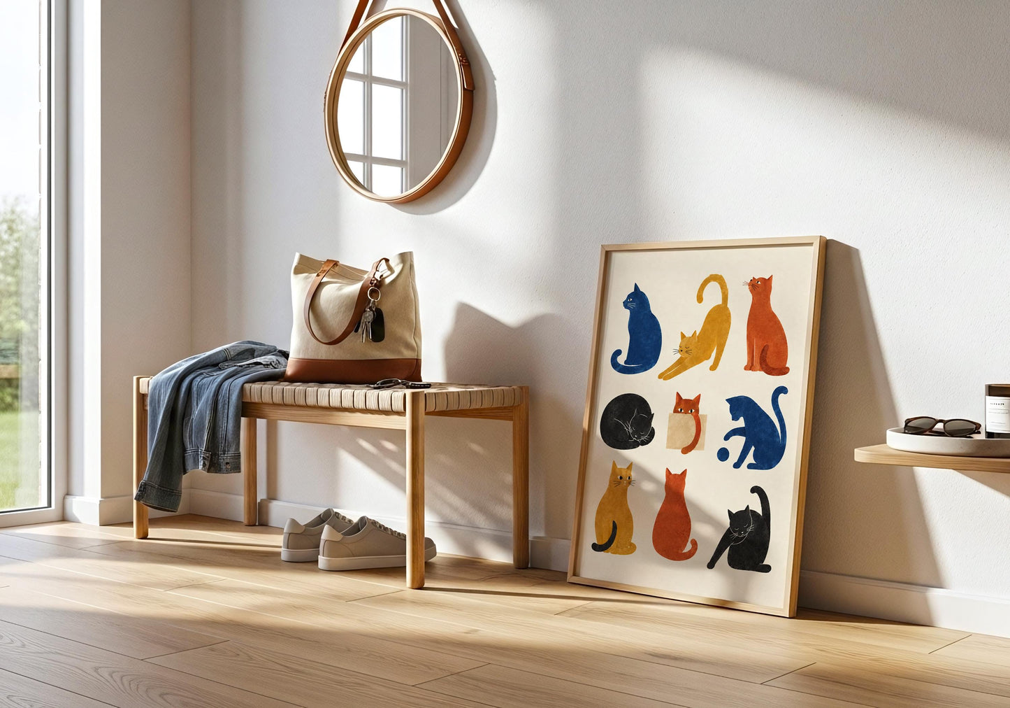 Retro-inspired cat illustration featuring colourful textured cats in varied poses with a mid-century modern aesthetic.