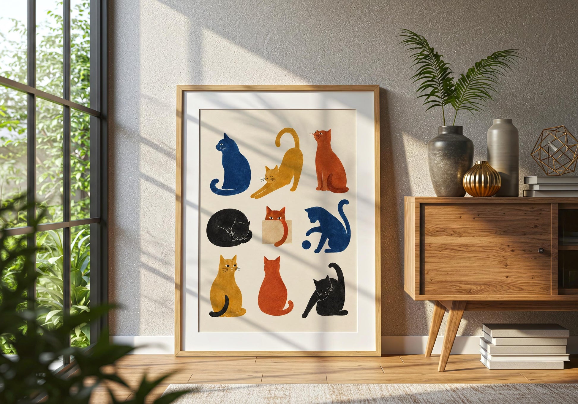 Mid-century cat poster with nine characterful cats, warm vintage colours and softly textured shapes on an off-white background.