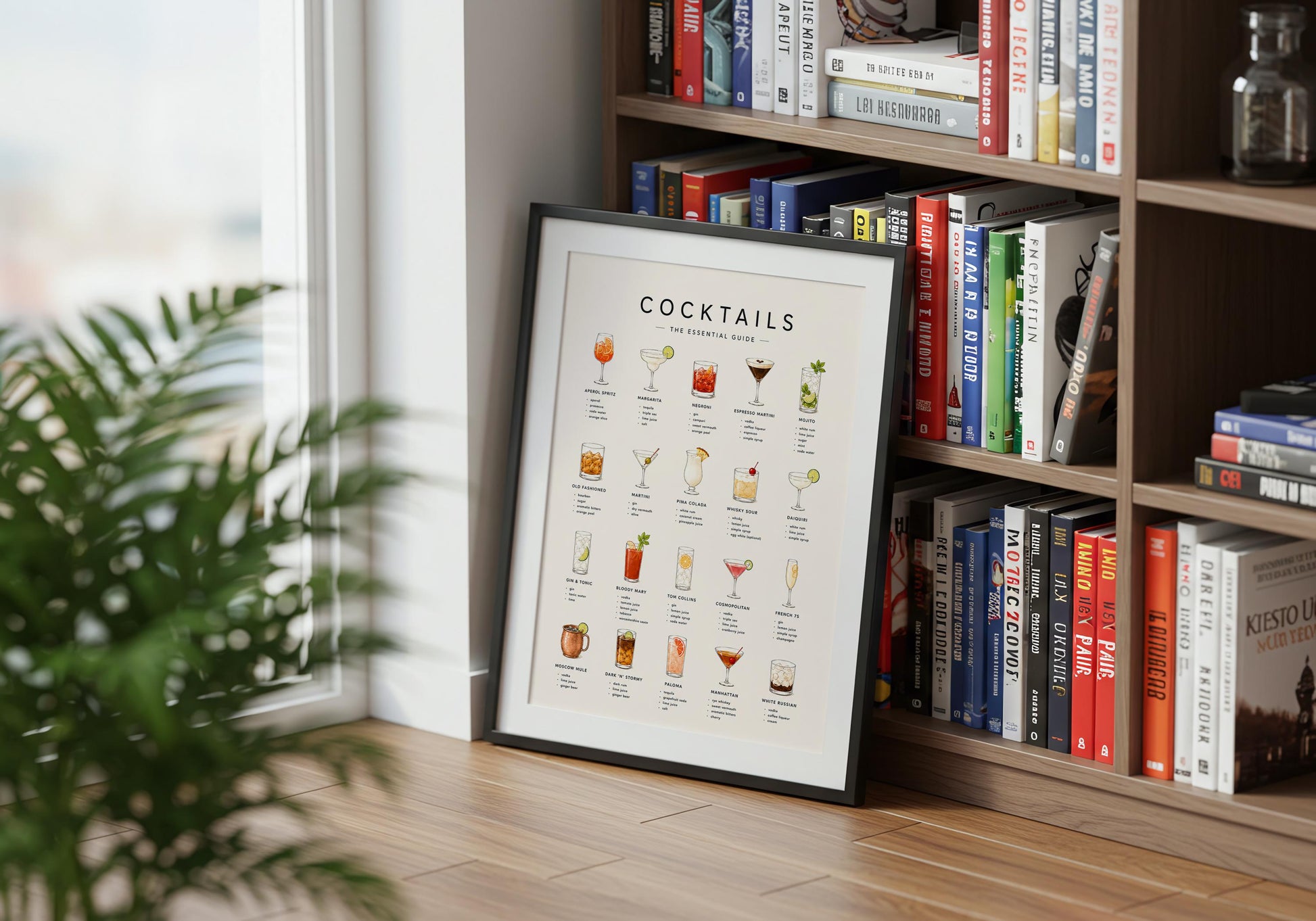 Sophisticated cocktail lover gift print with illustrated drink recipes and minimalist typography.