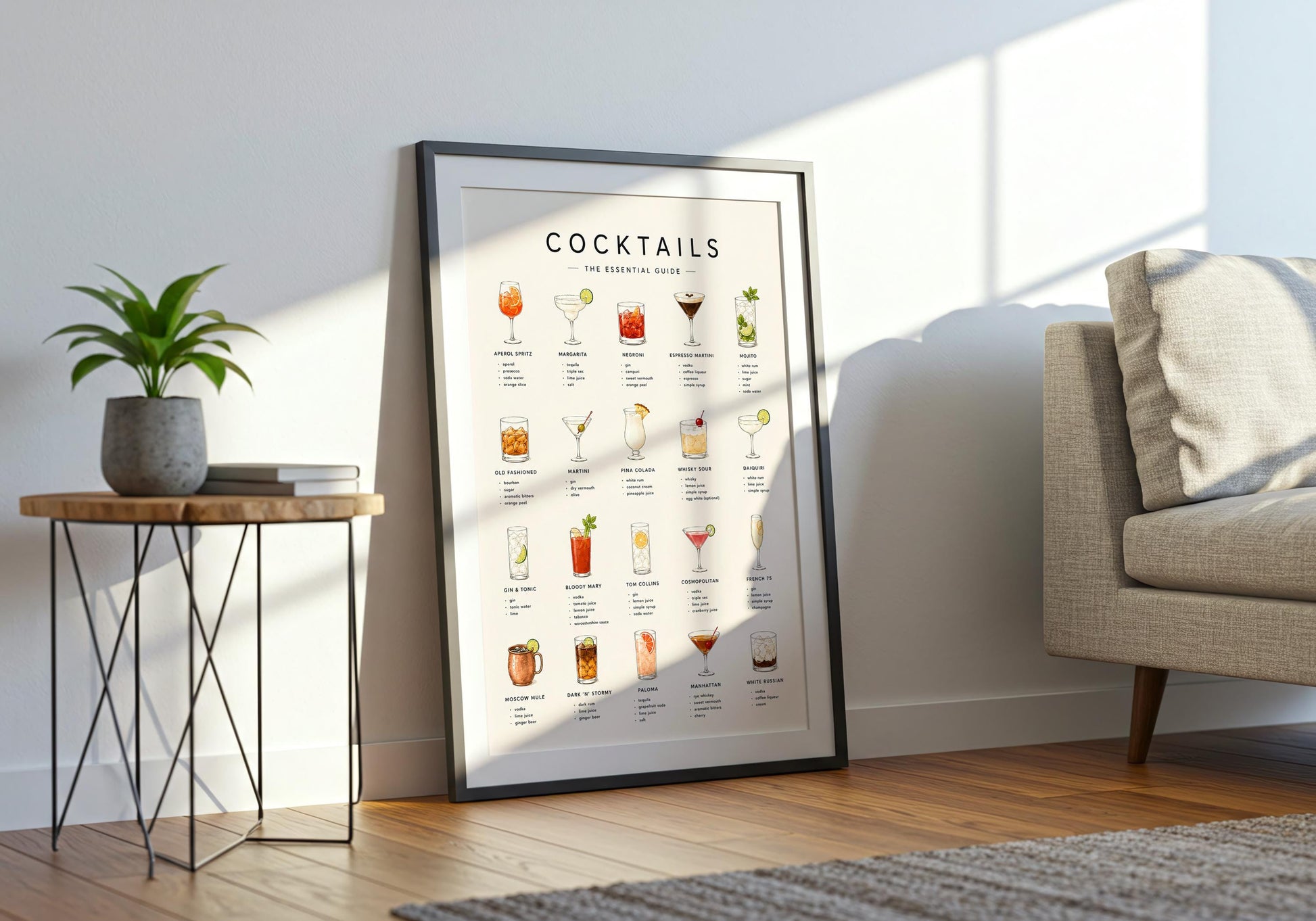 Illustrated cocktail wall art showing colourful drinks including Aperol Spritz, Negroni, Mojito and Espresso Martini.