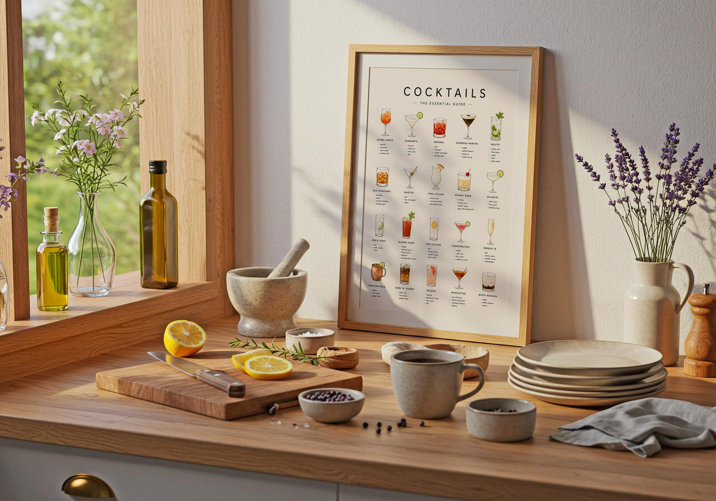 Detailed mixology poster illustrating classic cocktails including Margarita, Old Fashioned, Martini and Cosmopolitan.