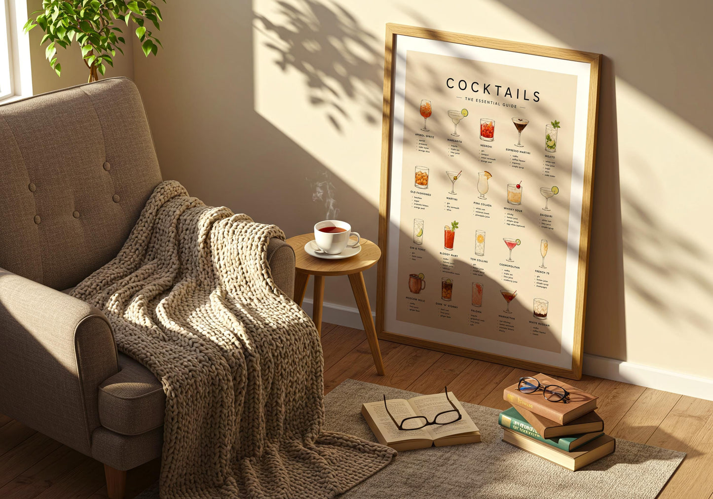 Modern kitchen and home bar wall art featuring colourful cocktail glasses on an off-white background.