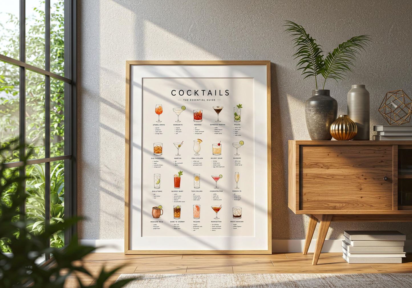 Cocktail recipe wall print with individual drink illustrations, names and essential ingredients.