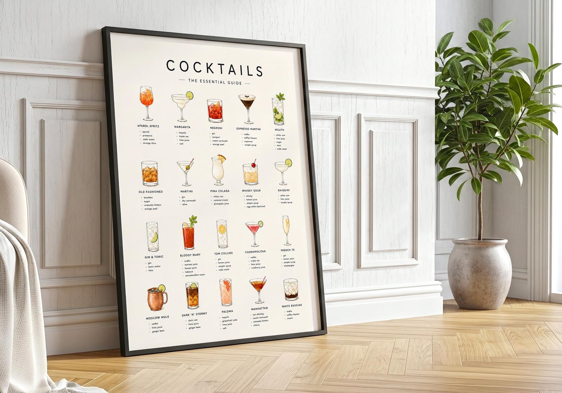 Framed cocktail guide print displayed against elegant white wall panelling in a bright contemporary interior.