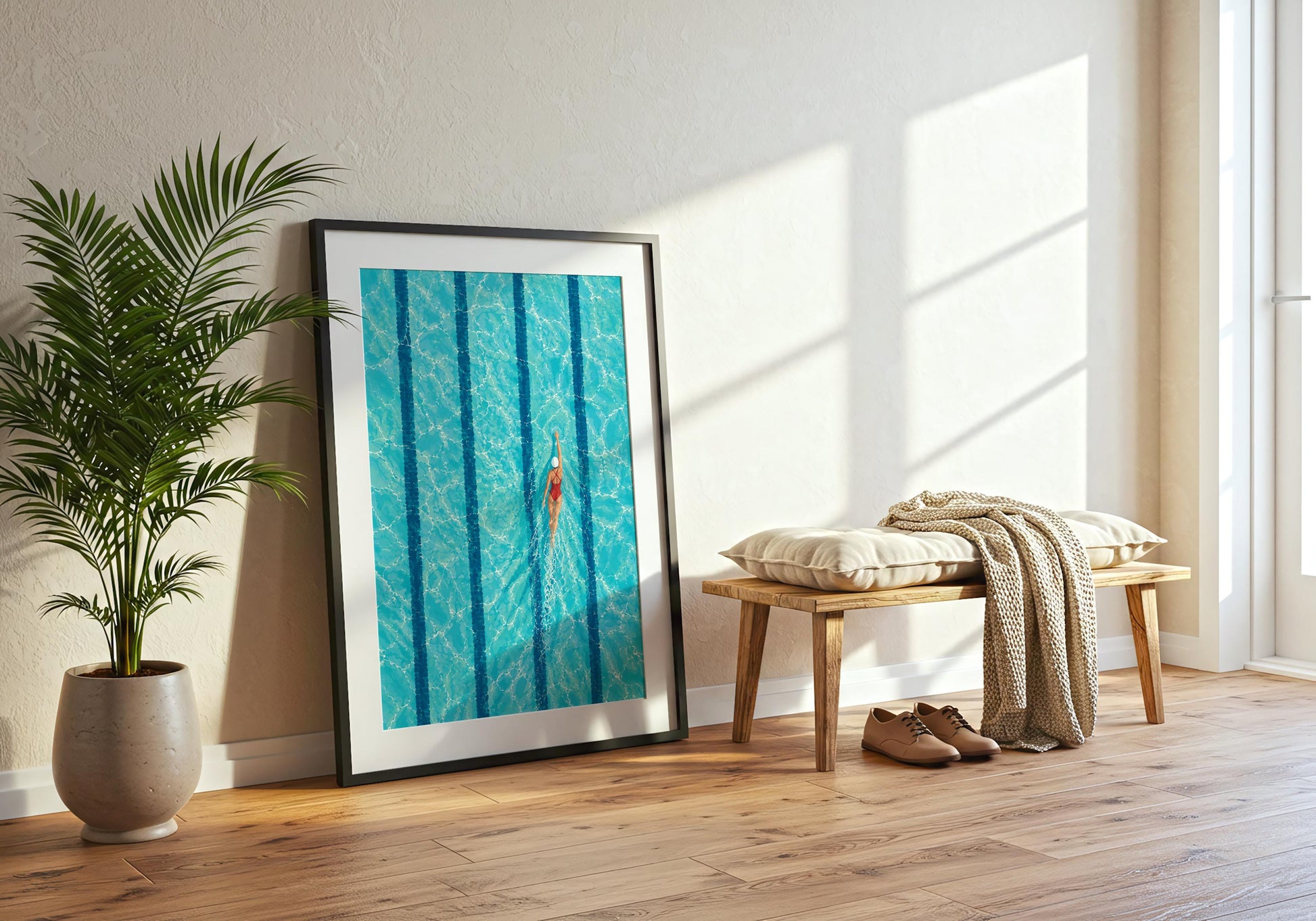 Framed swimmer print displayed in a bright interior, featuring an aerial pool scene in vibrant aqua and deep blue.