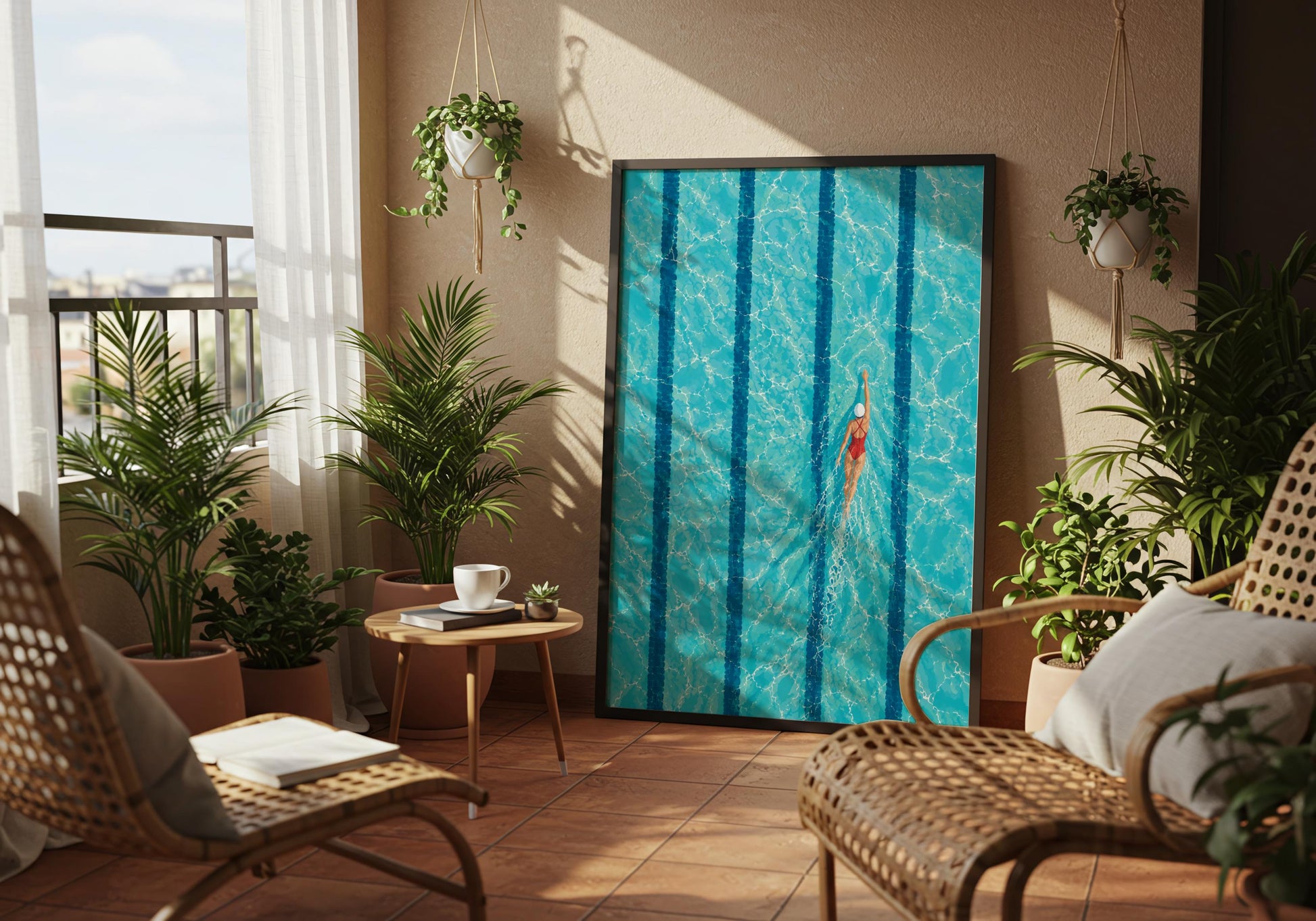 Turquoise bathroom wall art inspired by swimming, summer and the shifting patterns of sunlight across pool water.