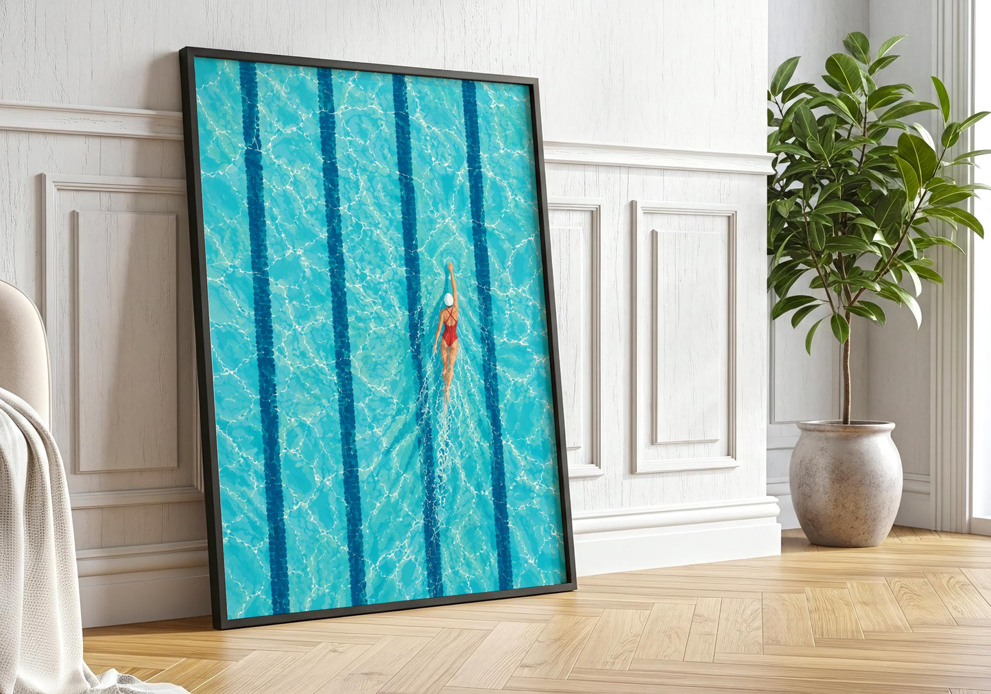 Blue swimming print featuring rippling sunlit pool water and a swimmer in a contrasting red swimsuit.