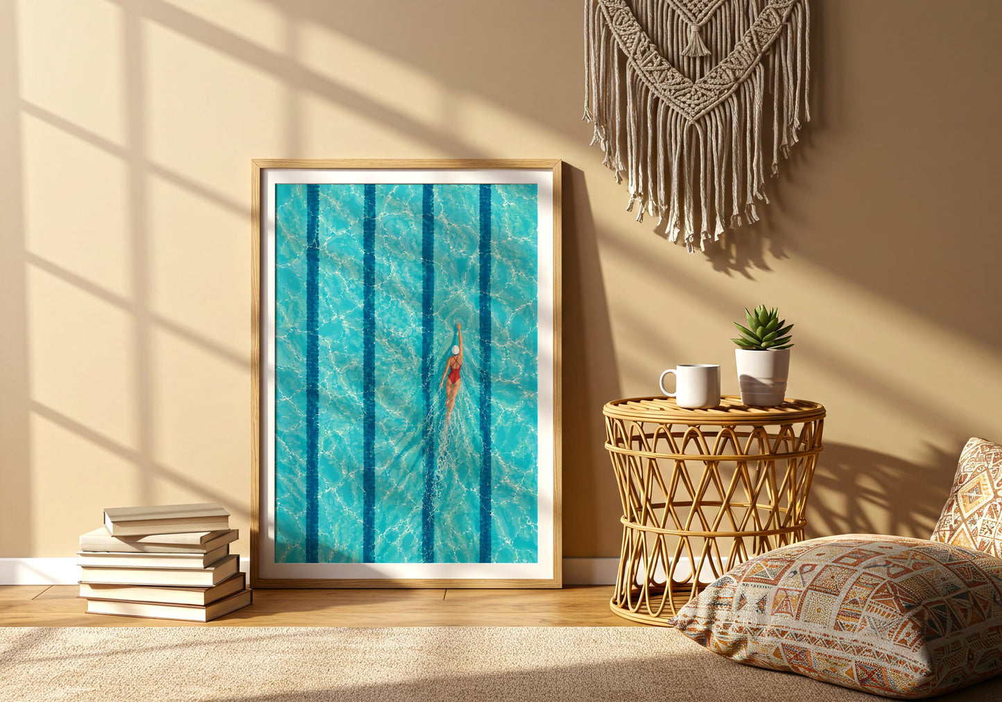 Contemporary pool artwork viewed from above with turquoise water, swimming lanes and a solitary swimmer.