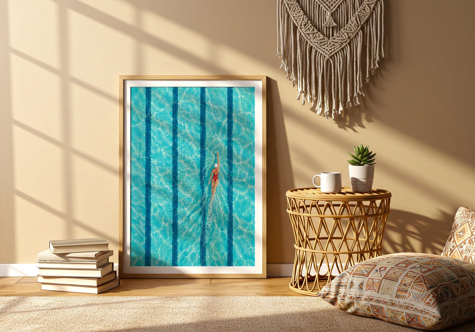 Contemporary pool artwork viewed from above with turquoise water, swimming lanes and a solitary swimmer.