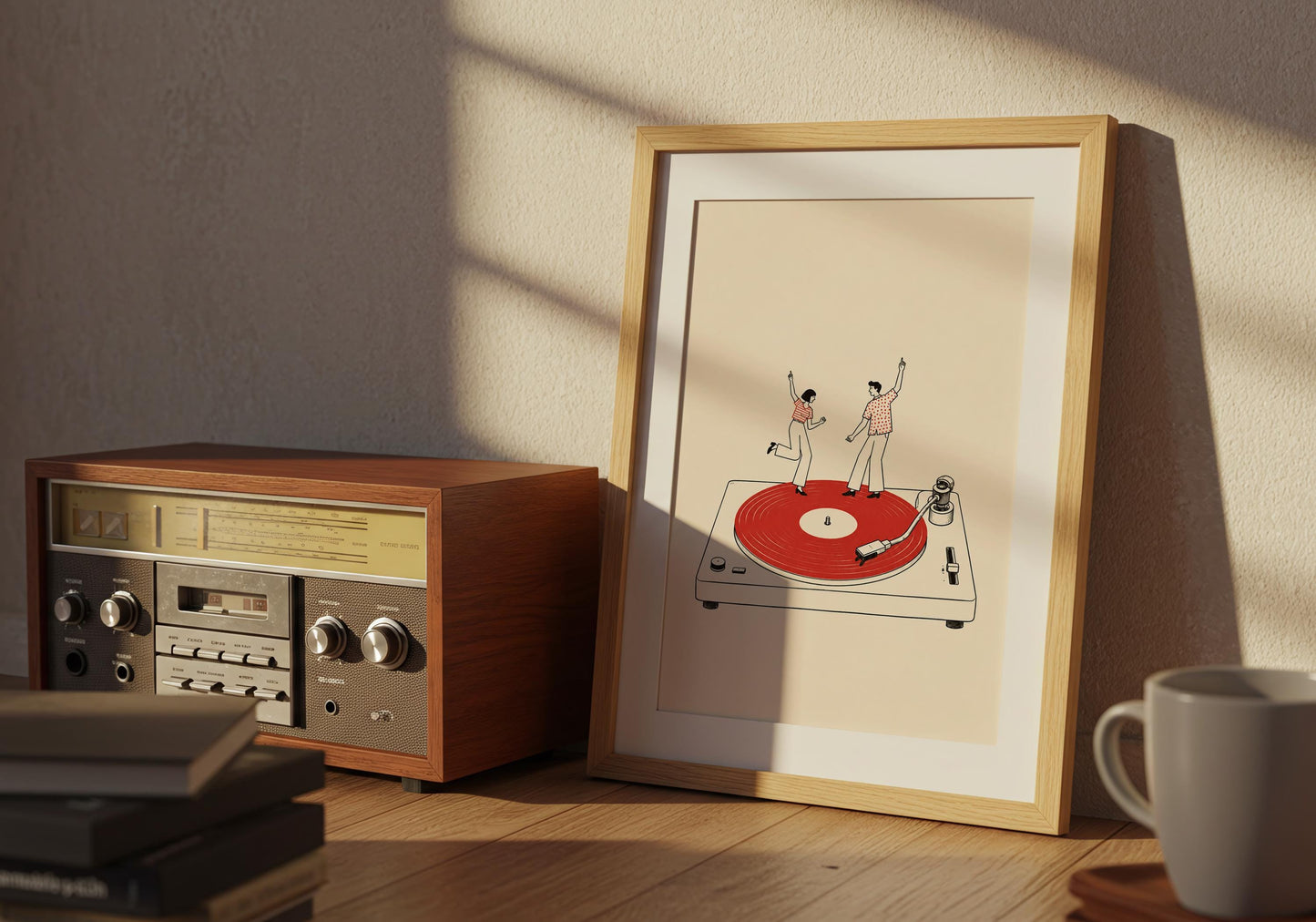 Music room print with vintage-inspired turntable illustration, red record and two dancing figures.