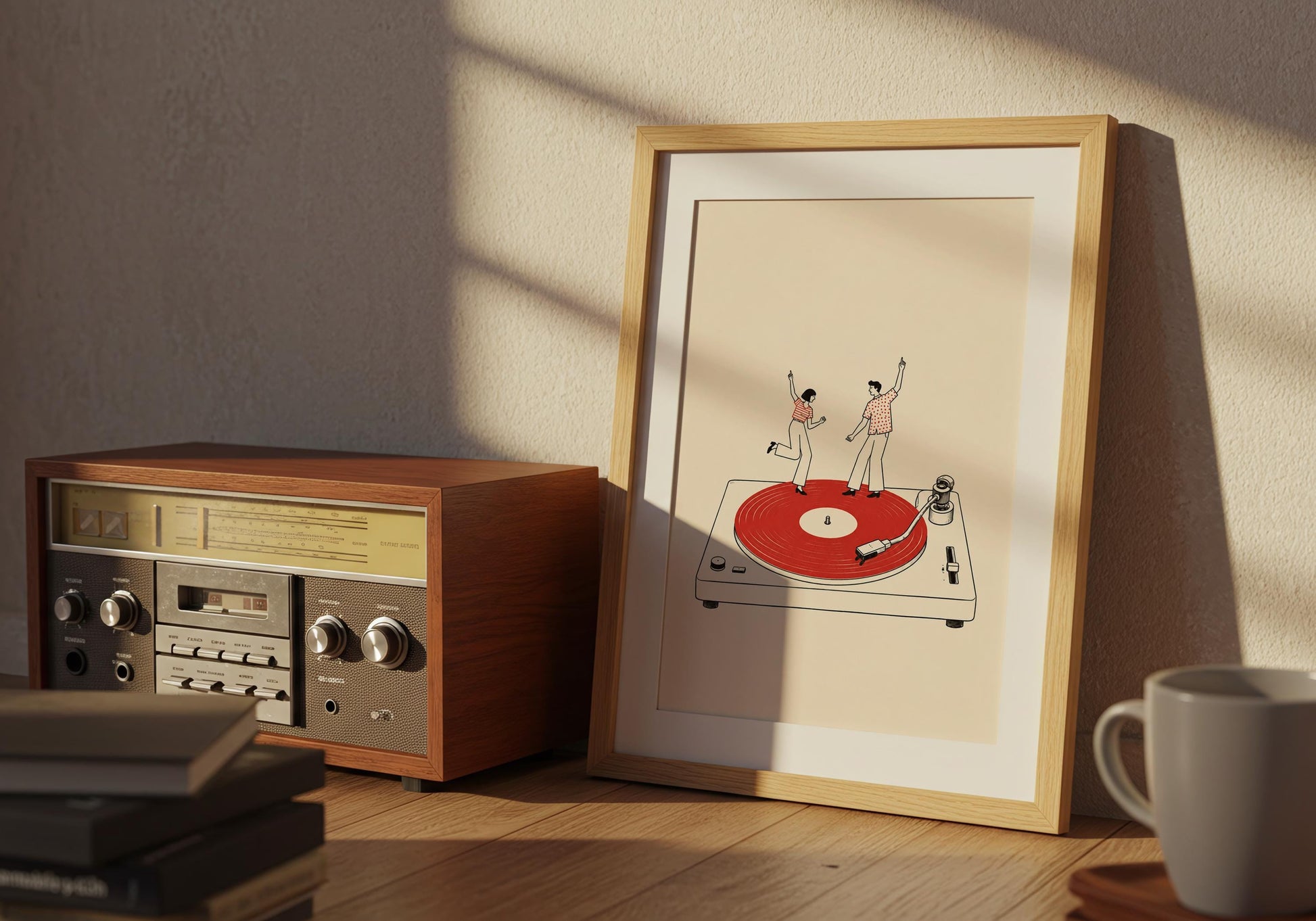 Music room print with vintage-inspired turntable illustration, red record and two dancing figures.