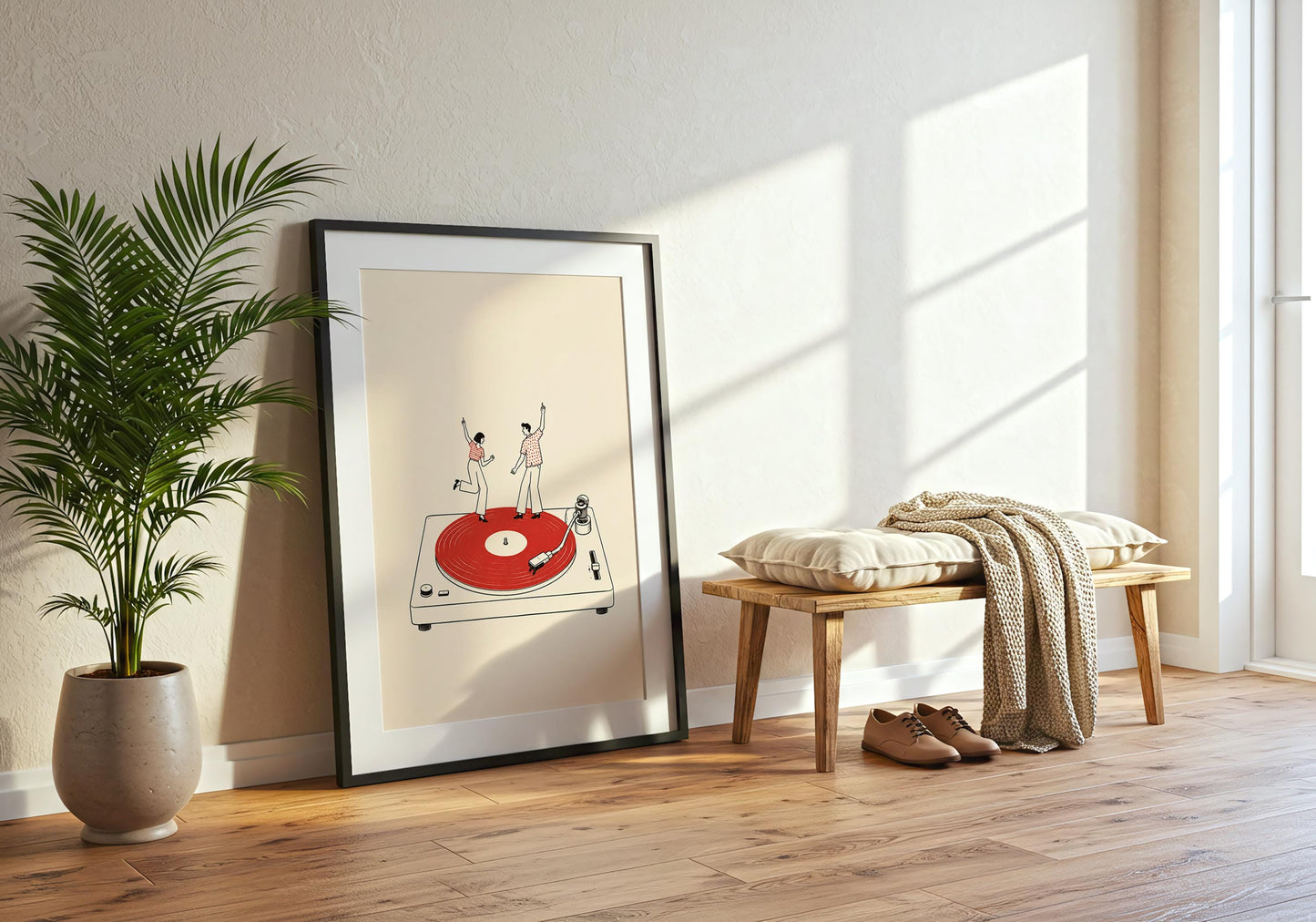 Minimalist turntable illustration with a bright red vinyl record and two people dancing on top.