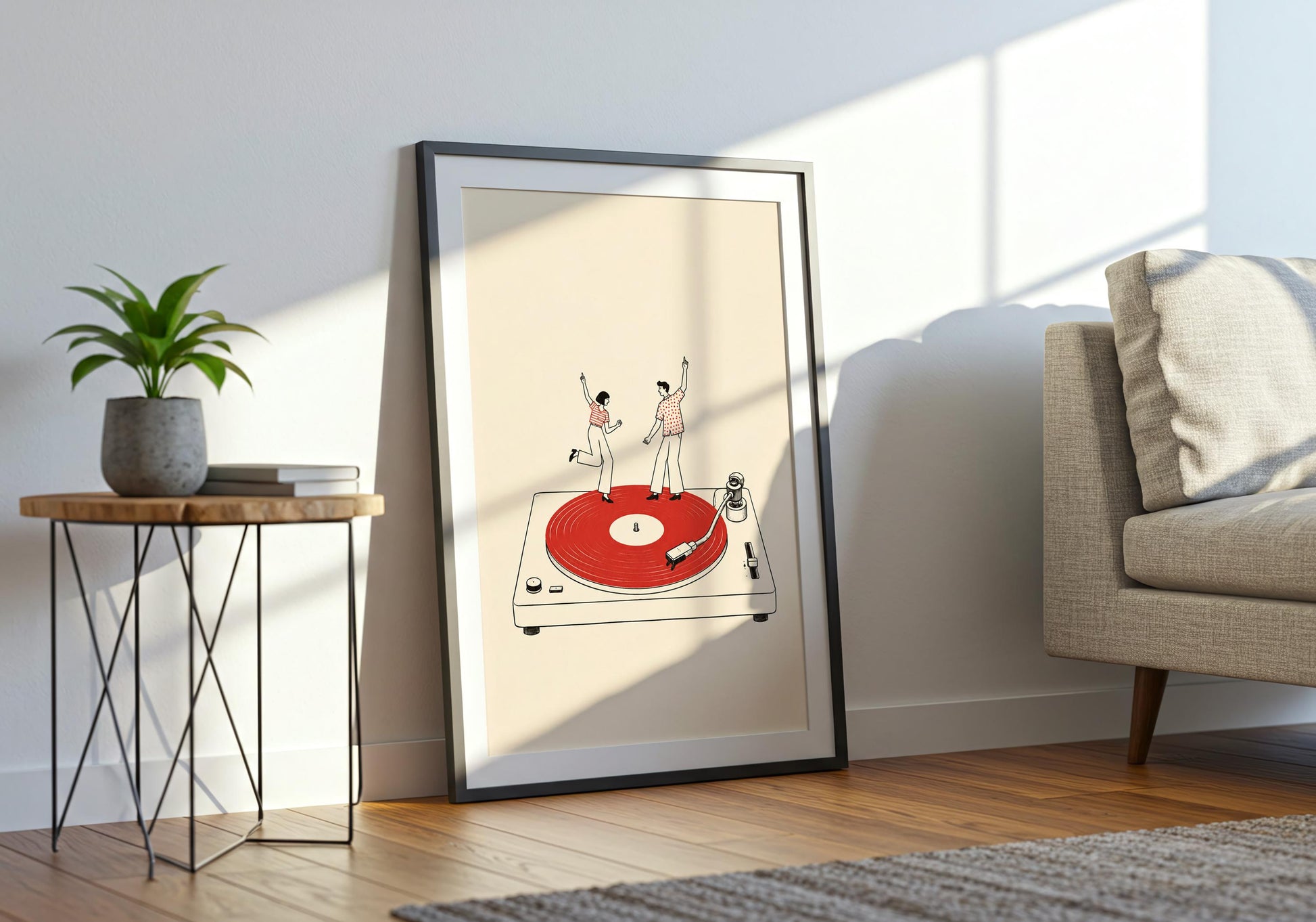 Retro music poster with a red vinyl record, illustrated turntable and dancing figures against a neutral background.