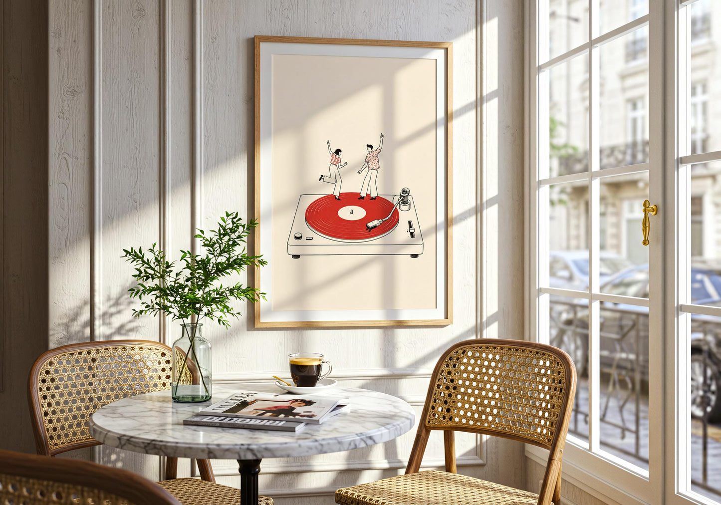 Mid-century-inspired music print featuring black linework, warm cream tones and a bold red record.