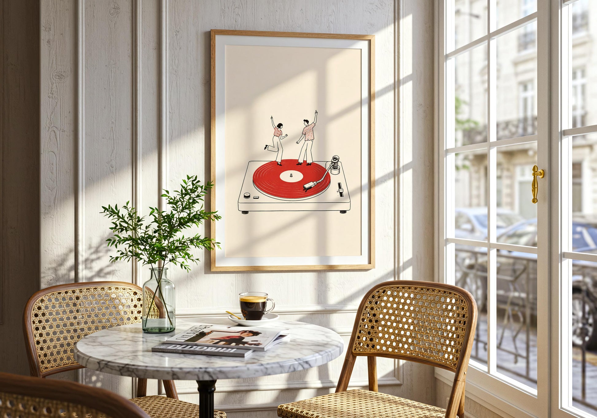 Mid-century-inspired music print featuring black linework, warm cream tones and a bold red record.
