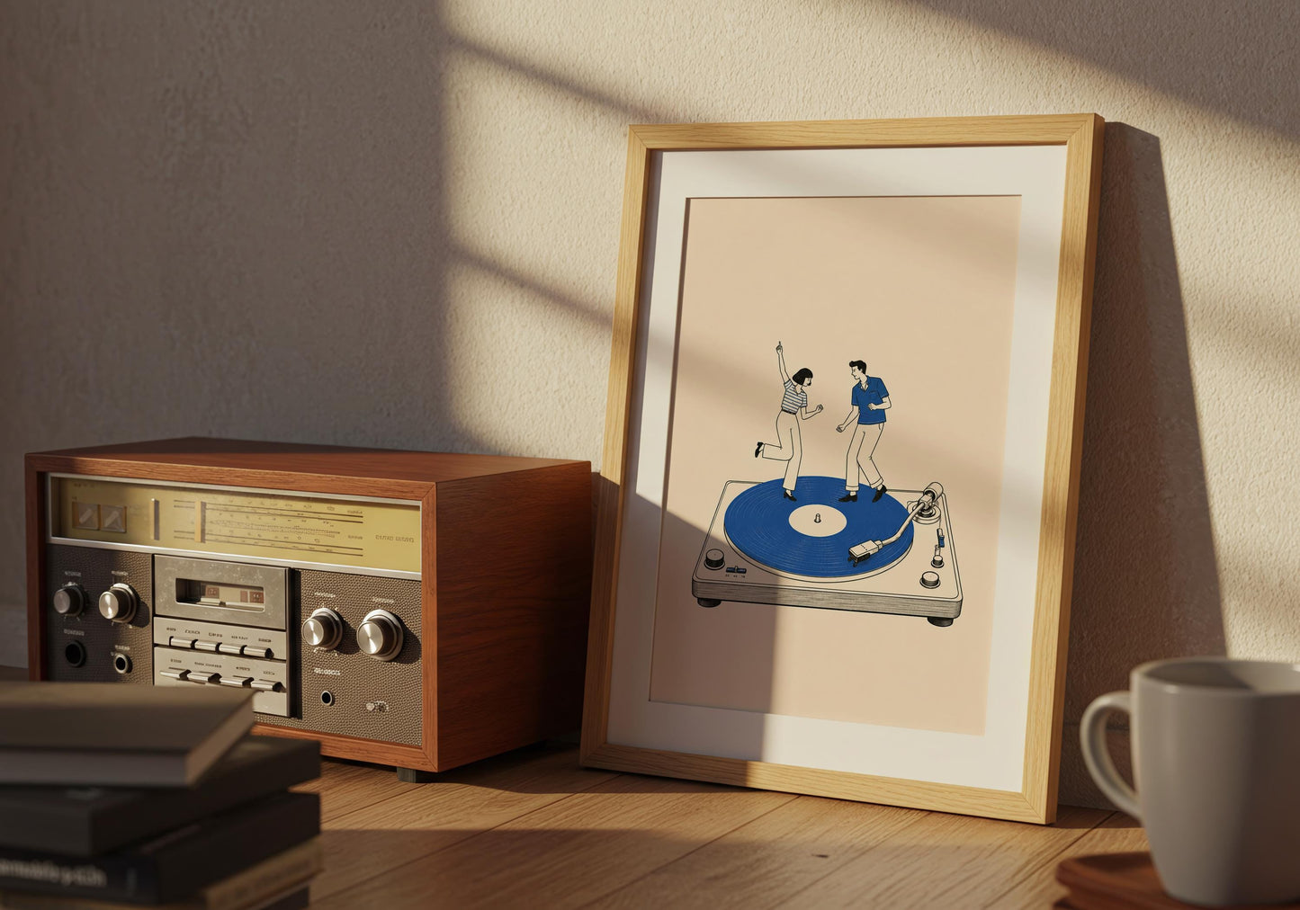 Eclectic wall art featuring a whimsical dancing pair and graphic cobalt blue turntable illustration.