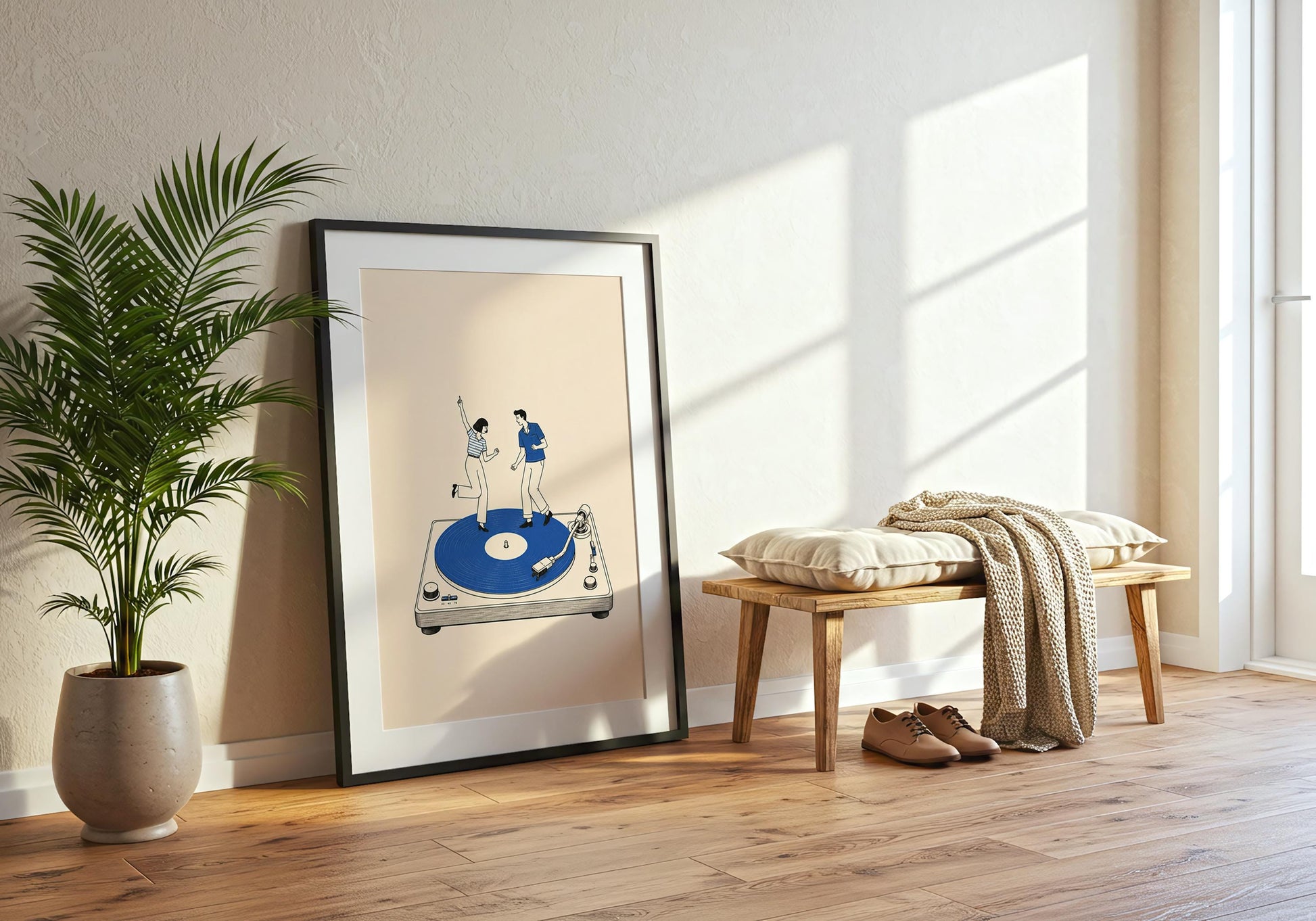 Blue mid-century-inspired print with a dancing couple, oversized turntable and warm cream background.