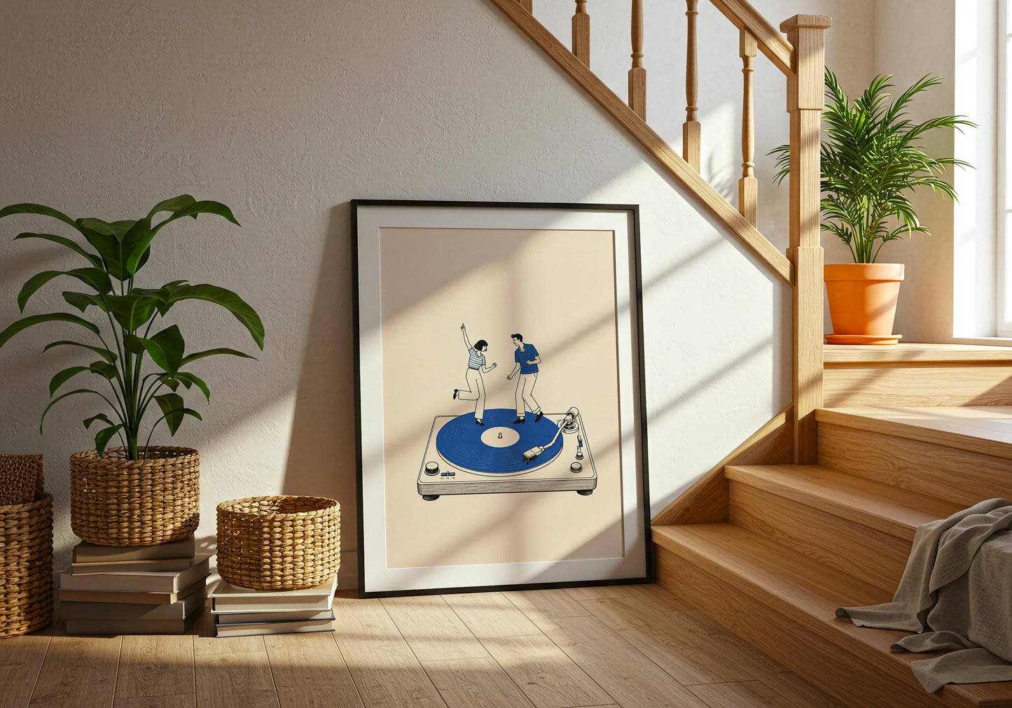 Mid-century modern couple print with playful figures, vintage-inspired clothing and a vivid blue record.
