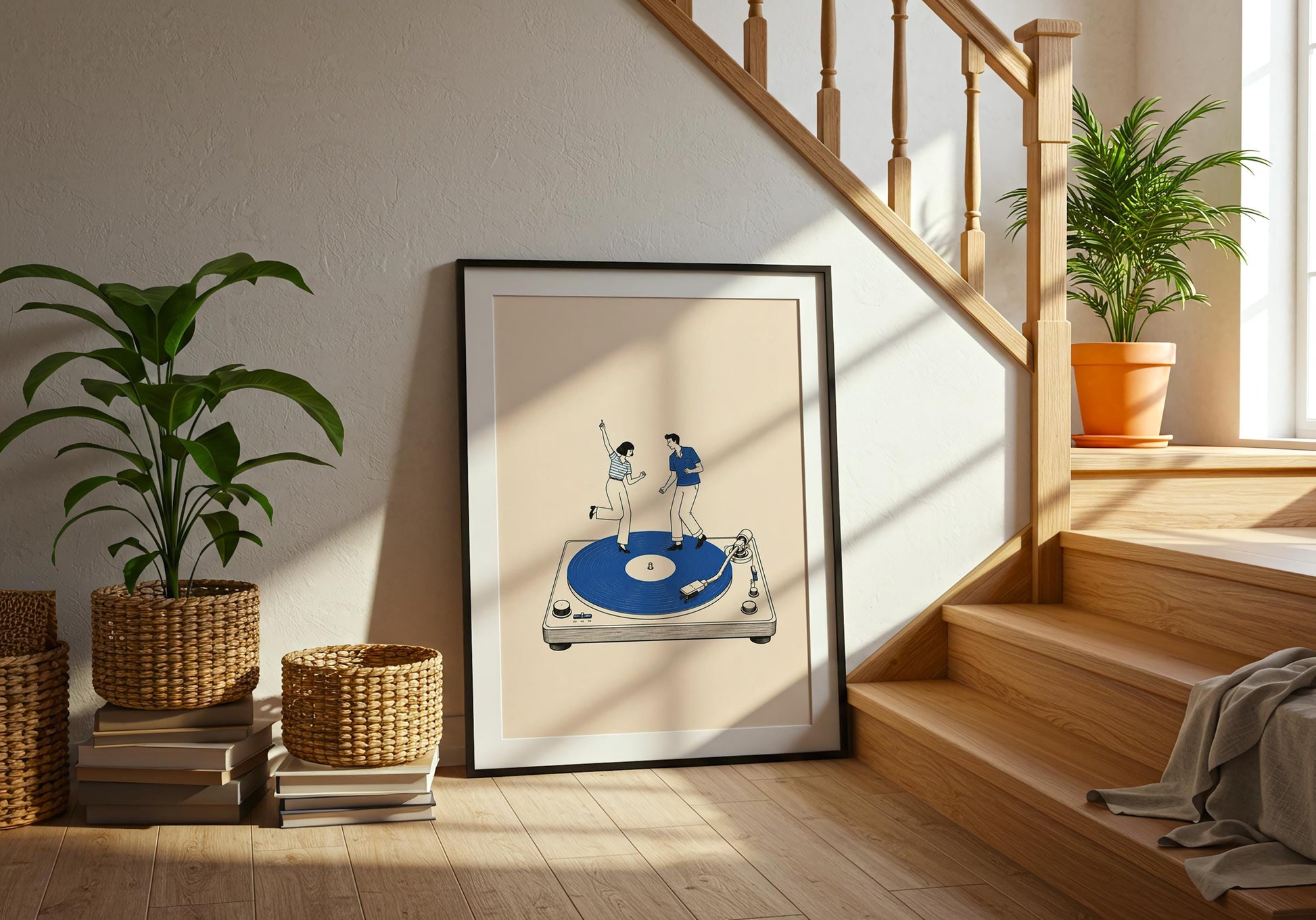 Mid-century modern couple print with playful figures, vintage-inspired clothing and a vivid blue record.