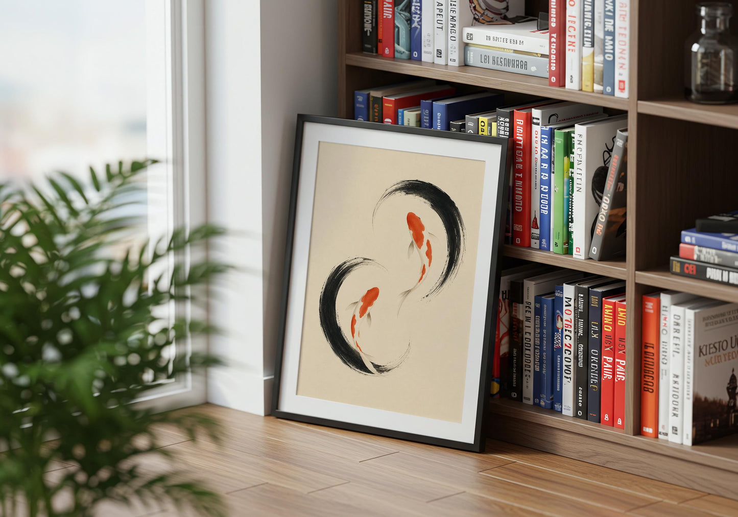 Minimalist koi fish print with two red-orange fish and expressive black brushstroke rings in a Japanese-inspired composition.