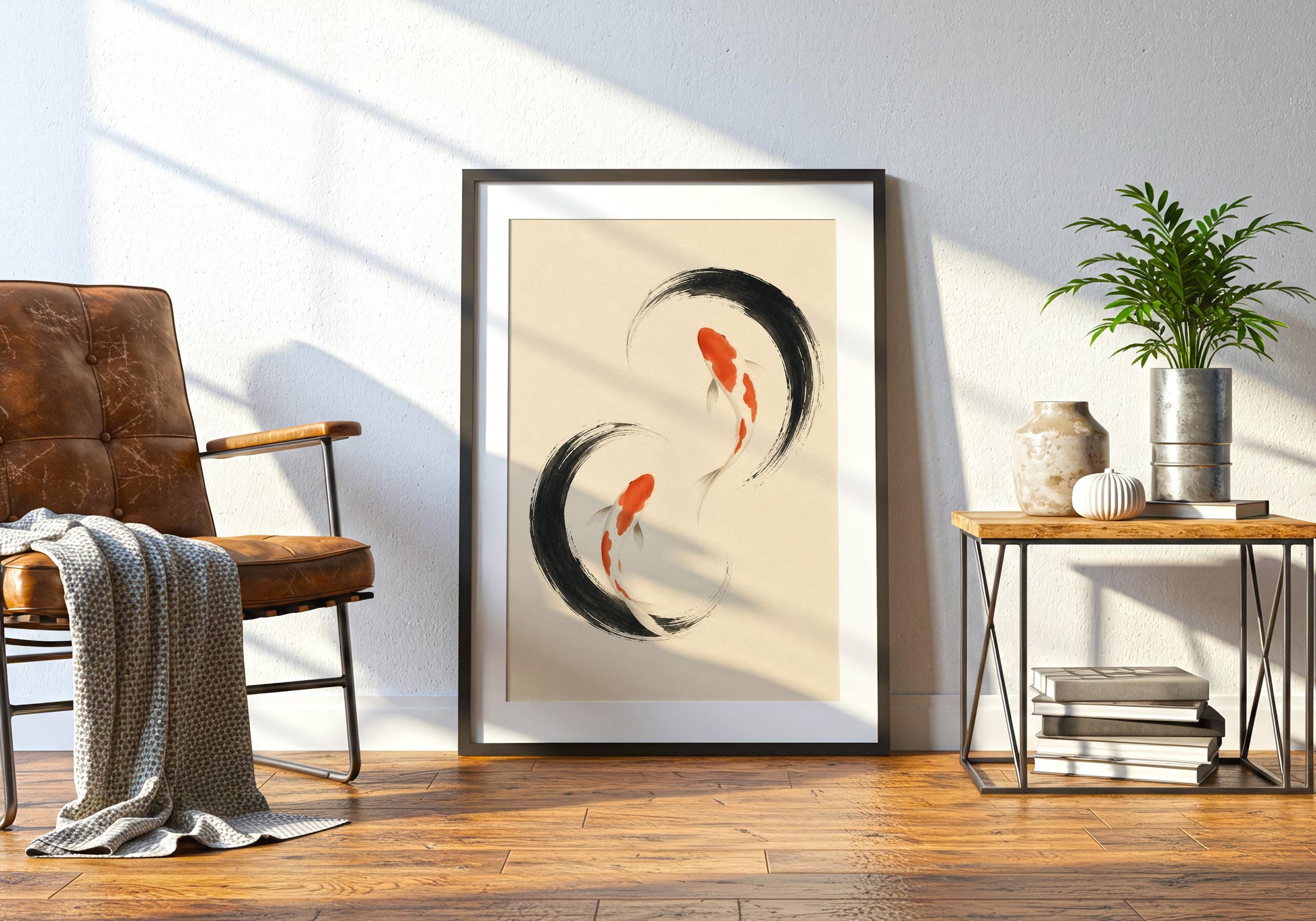 Minimalist Japandi art print with two orange koi, sweeping black circles and generous neutral negative space.