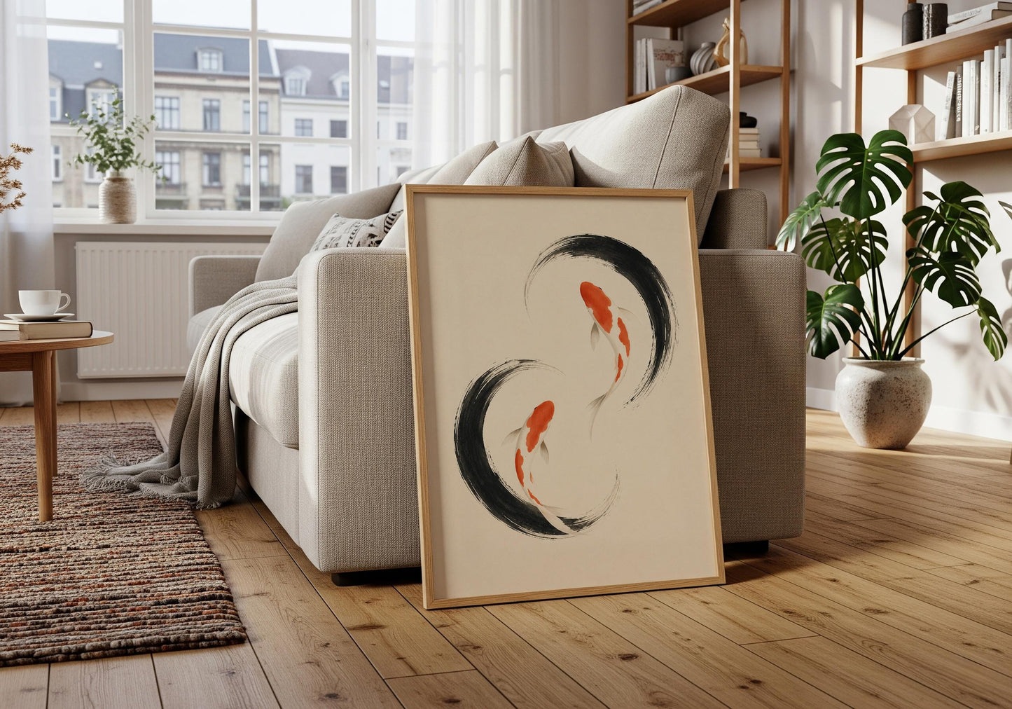 Zen-inspired wall art combining minimalist koi illustrations with expressive black brushwork and natural earthy tones.