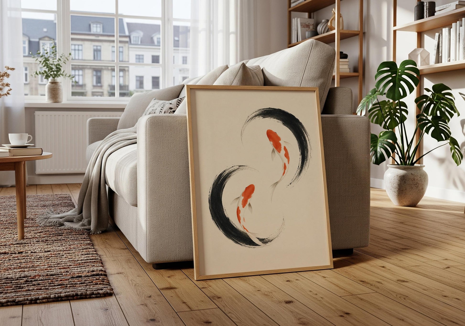 Zen-inspired wall art combining minimalist koi illustrations with expressive black brushwork and natural earthy tones.