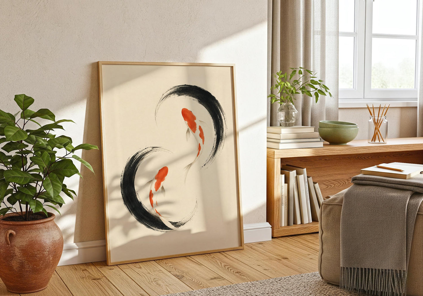 Wabi-sabi-inspired koi artwork with fluid black circular brushstrokes and two contrasting orange fish.