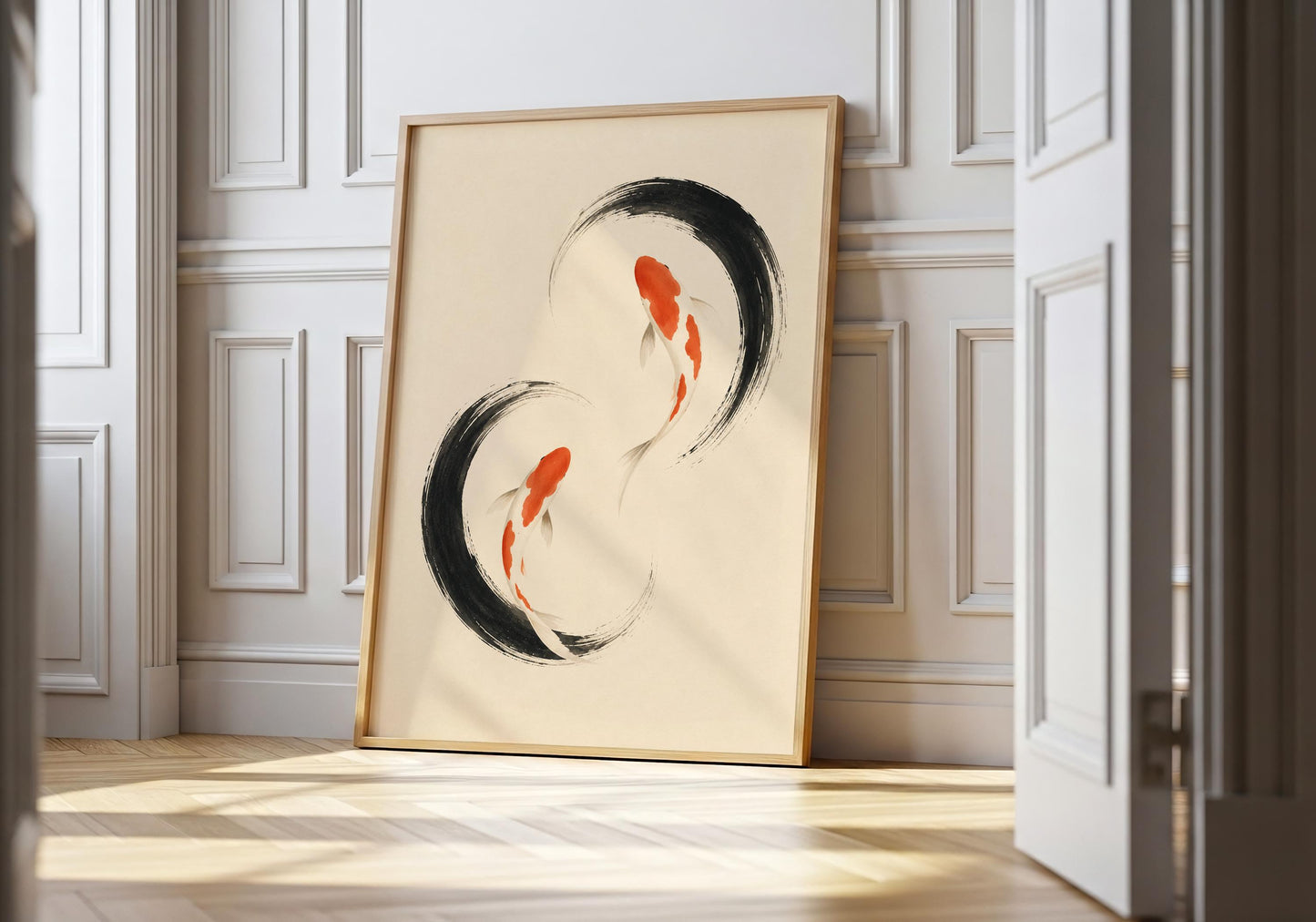 Japanese-inspired wall art featuring two orange-red koi fish surrounded by sweeping black ink circles on a warm neutral background.