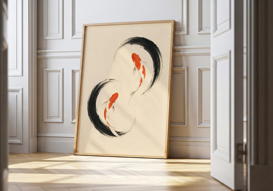 Japanese-inspired wall art featuring two orange-red koi fish surrounded by sweeping black ink circles on a warm neutral background.
