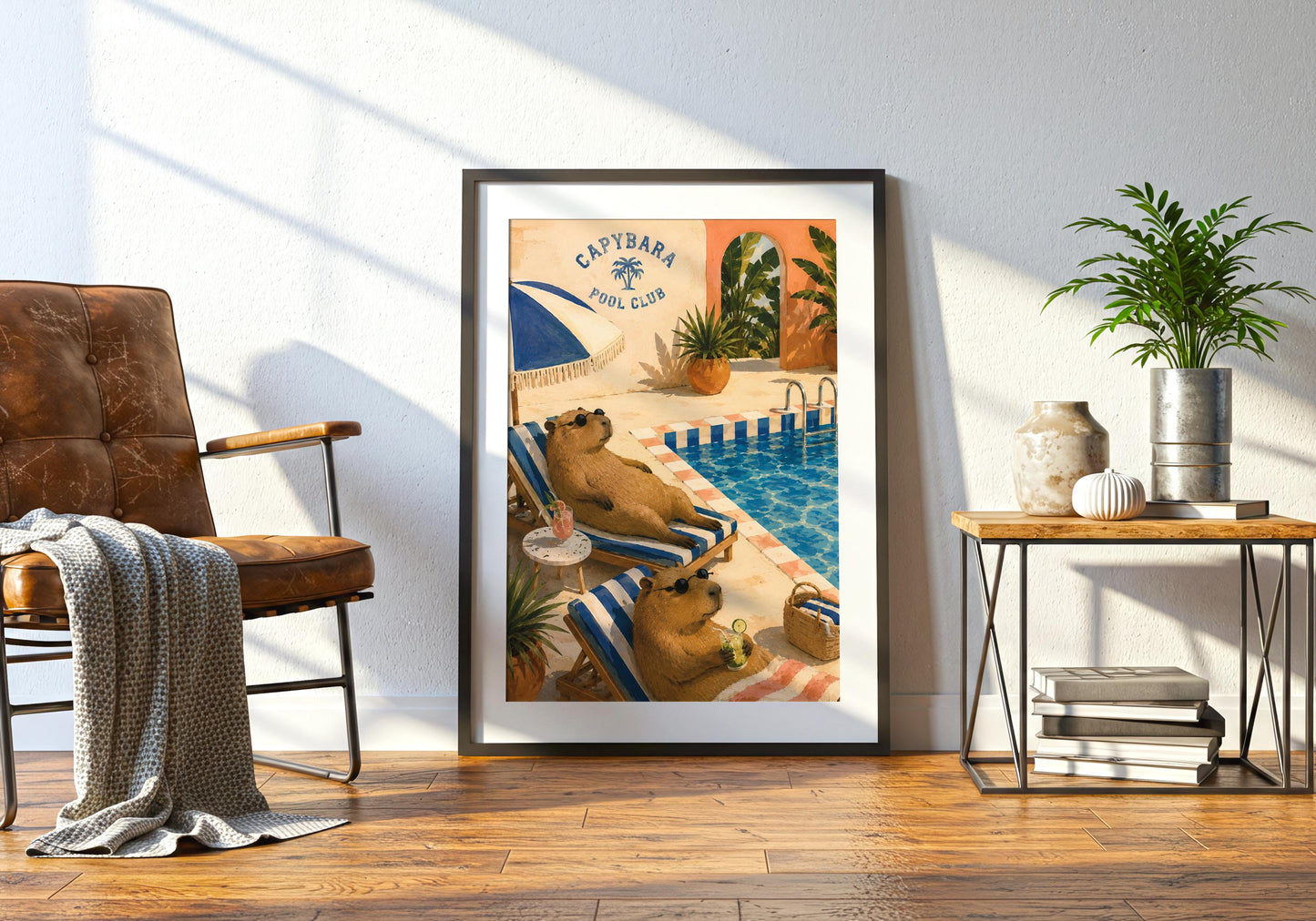 Funny capybara poster featuring two animals enjoying colourful drinks at a sunny tropical pool club.