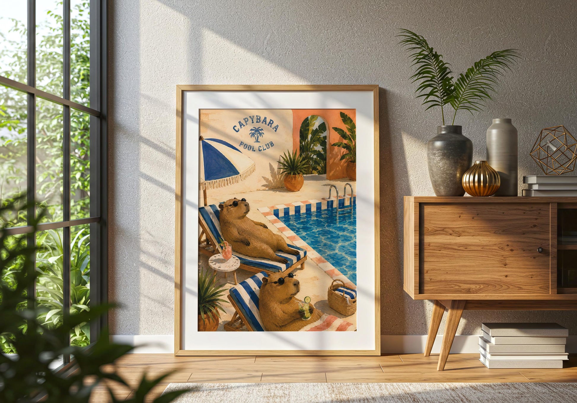 Capybara Pool Club artwork with blue striped sun loungers, tropical plants, peach walls and bright swimming pool.