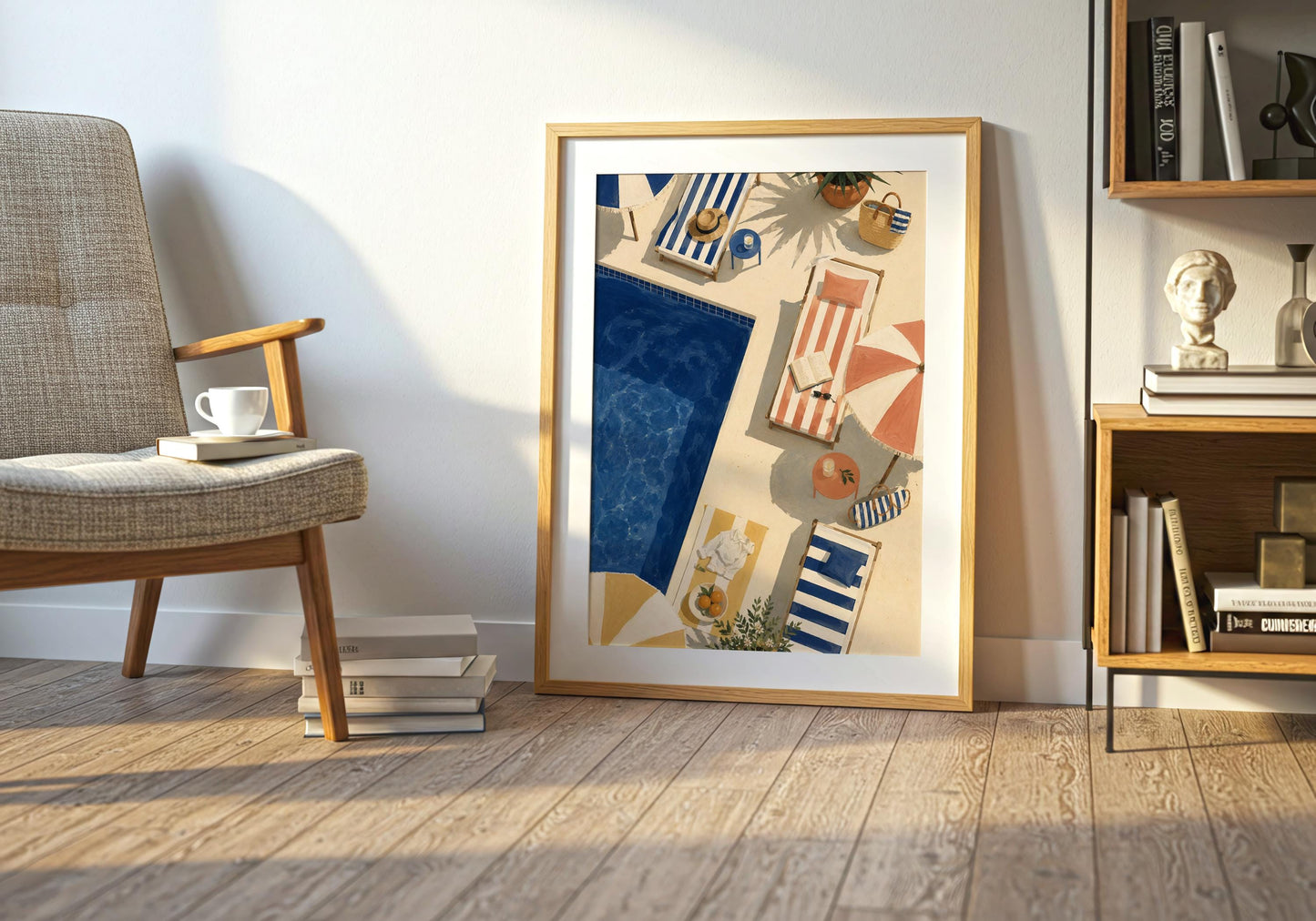 Retro Mediterranean poster featuring deep blue pool water, striped deckchairs and a peach-and-cream beach umbrella.